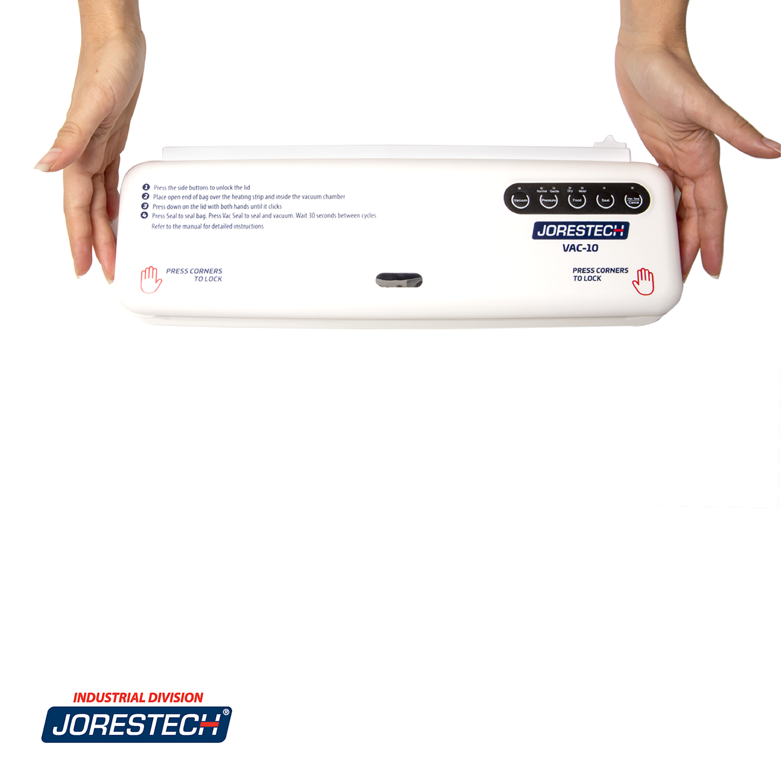 JORESTECH® white vacuum sealing machine with cutter over a white background. A person's hands are touching the two side-release buttons on the vacuum lid in order to open the lid. 