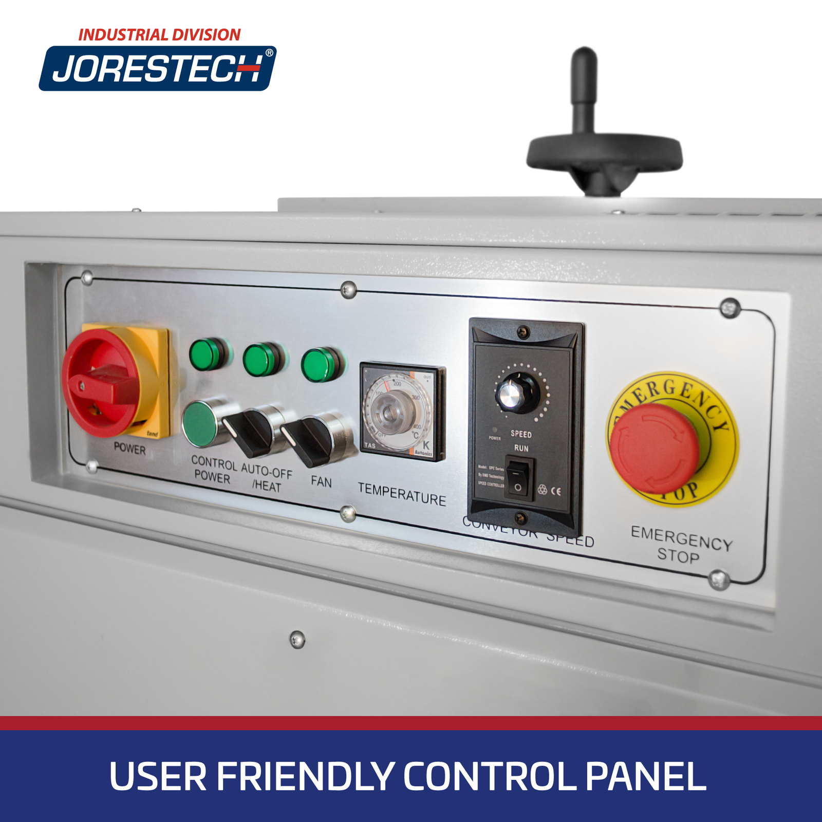 control panel of a banding shrink tunnel with a blue banner on the background and a white text that says: user friendly control panel