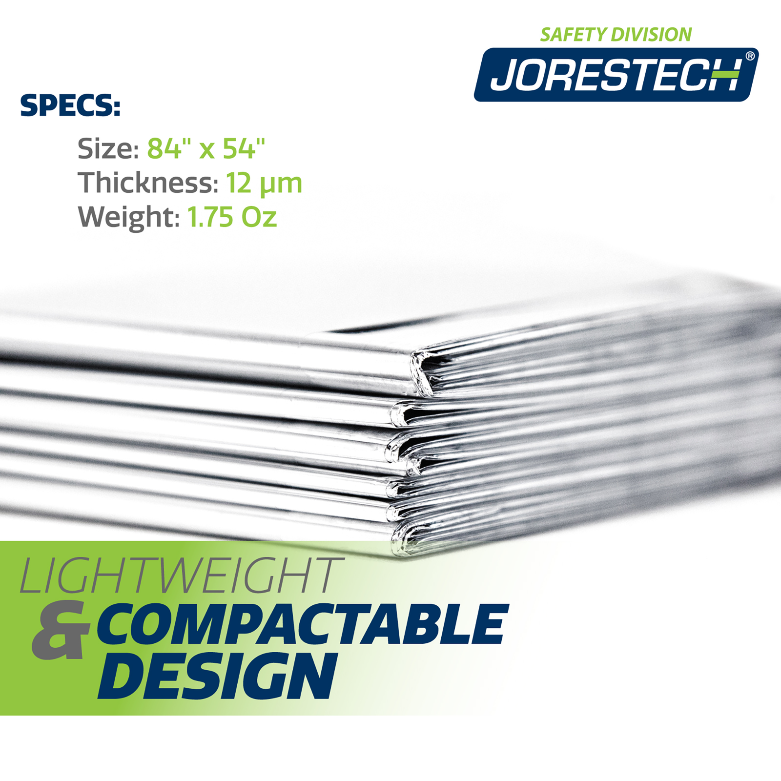 Close up of the JORESTECH silver color emergency blanket size 84