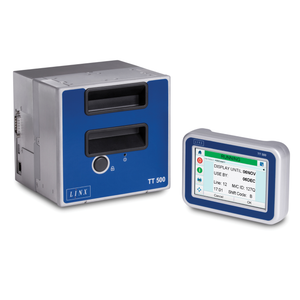The LINX TT500 thermal transfer over-printer for narrow format and the digital touchscreen control panel on the right side . Digital control panel is turned on and it shows production date, expiration date, time, and other lot information to be printed.