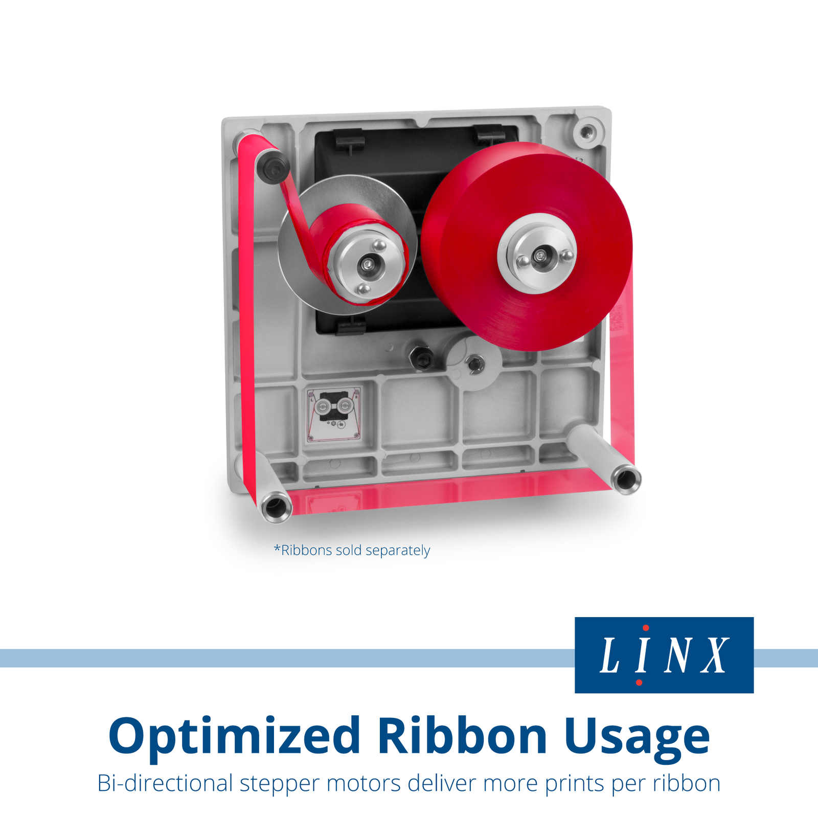 Close up of the red ribbon cartridge used by the LINX TT500 thermal transfer over printer for narrow format. Text reads: Optimized ribbons usage, bi-directional stepper motors deliver more prints per ribbon. Ribbons sold separately, 