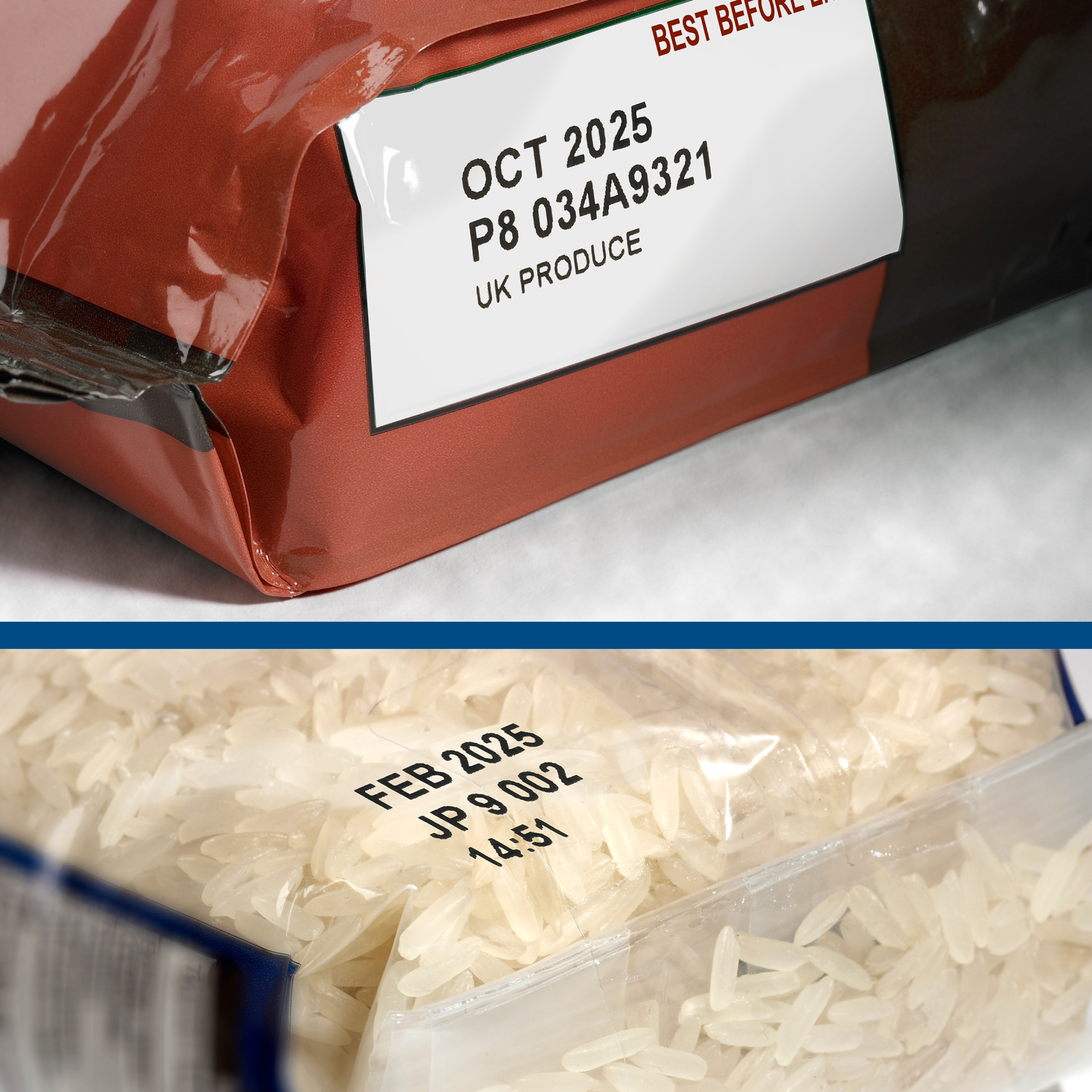 2 bags with  black prints that include date, lot number, time of production, country of product done using the thermal transfer LINX TT500 over-printer for narrow format