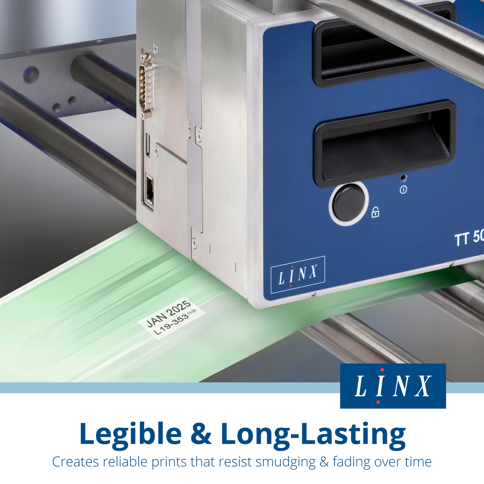 The thermal transfer over printer for narrow format LINX TT500 printer installed in a bracket printing date and lot number on a moving film. Text reads legible and long lasting prints