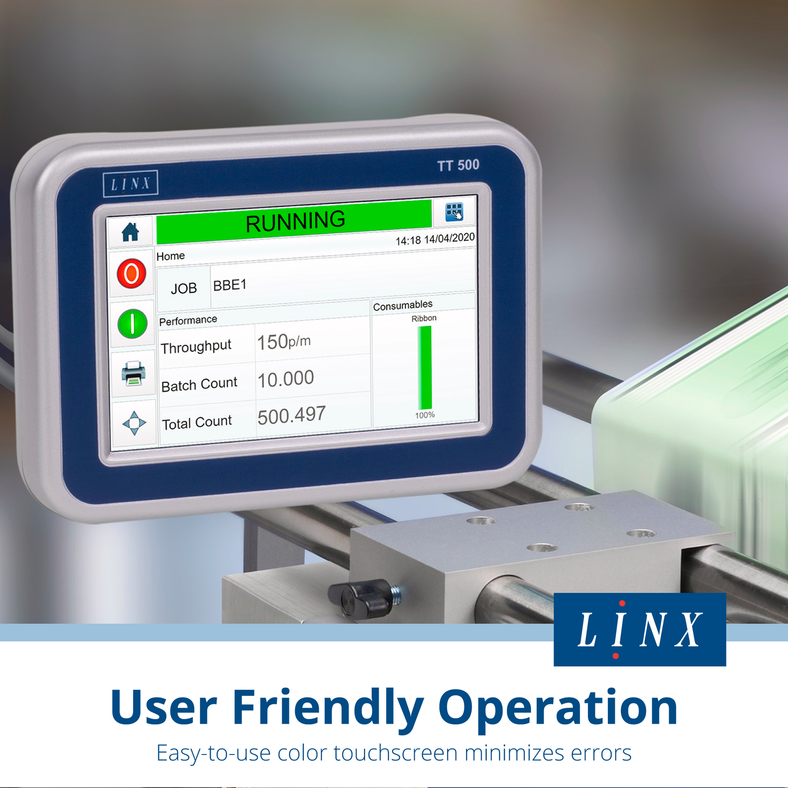 Digital touchscreen control panel of the thermal transfer over printer for narrow format LINX TT500 turned on while printing. Text reads: user friendly operation, easy to use color touchscreen minimizes errors