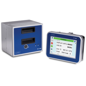 The LINX TT750 Thermal Transfer Over-printer for standard format printing and the integrated Digital Touchscreen Control Panel on the side. Control panel is tuned on and it shows date of production, date of expiration, time, and lote information to be printed