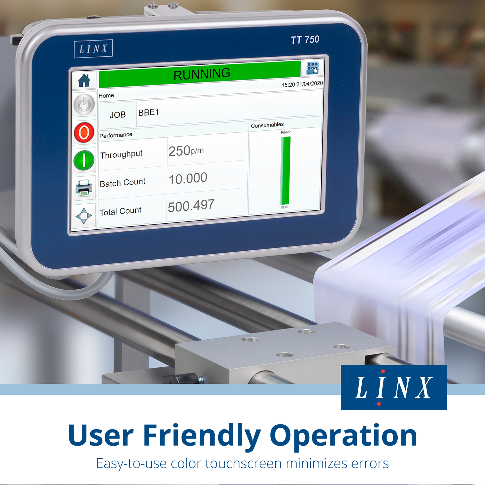 The digital touchscreen control panel of the LINX thermal transfer over printer for standard format turned on while printing. Text reads: user friendly operation, easy to use color touchscreen minimizes errors