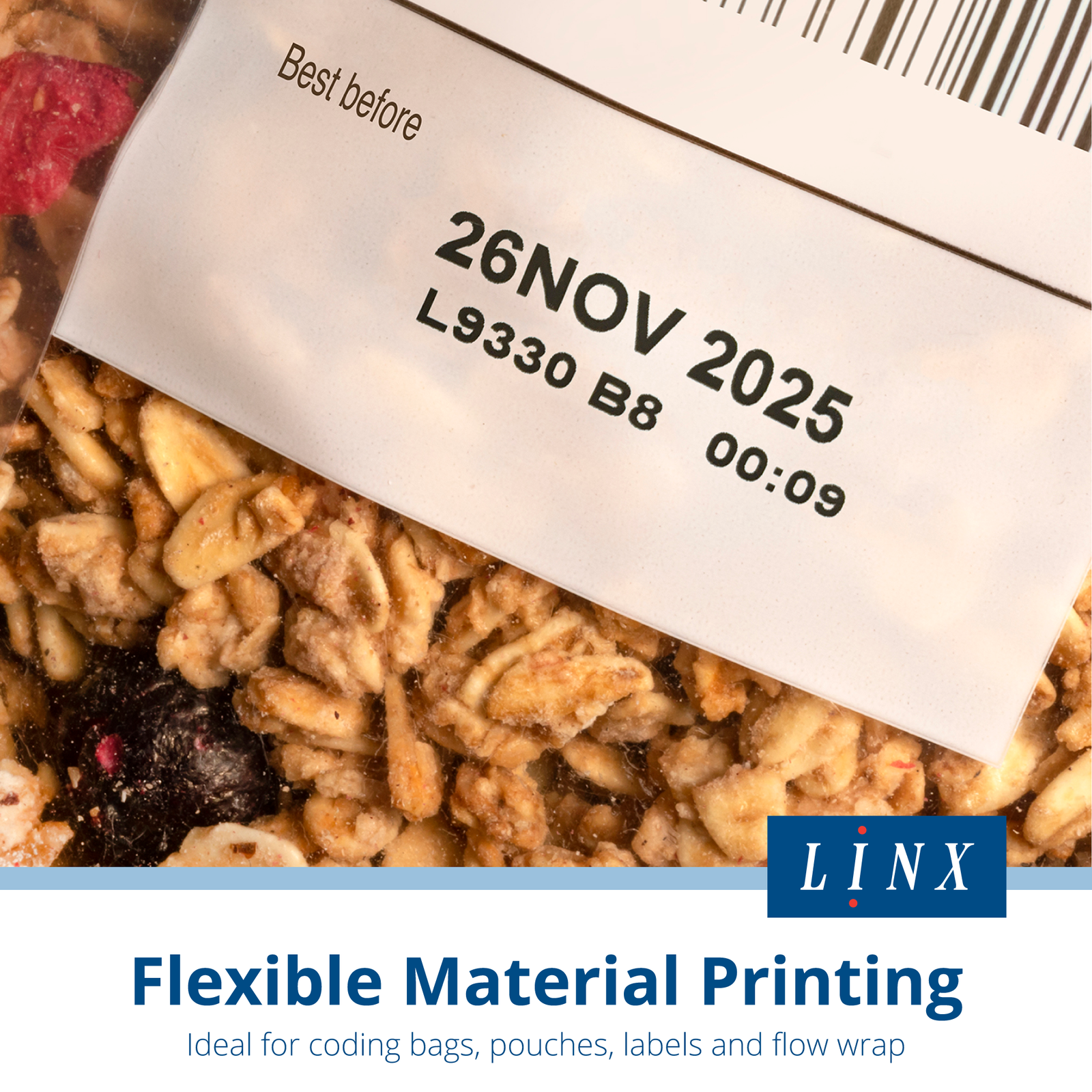 Bag filled with oat cereal with a white label with date, lot information and bar code printed in black ink by the thermal transfer over printer for standard formats LINX TT750 printer. Text reads: Flexible Material Printing. Ideal for coding bags, pouches, labels and flow wrap