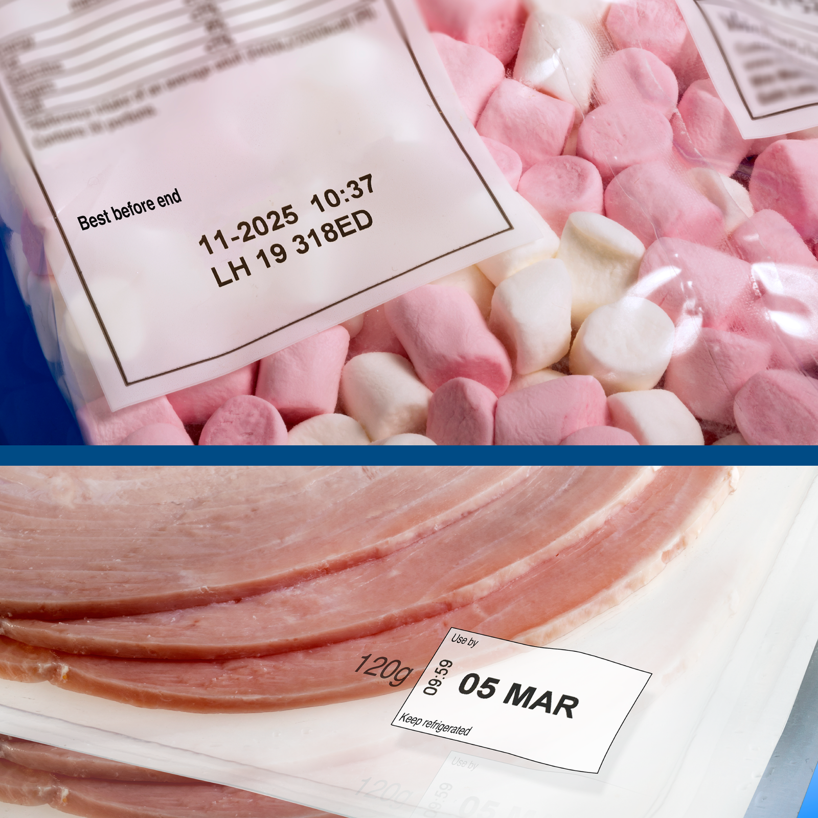 2 bags to show the black prints that include date, lot number, time of production, country of product done using the thermal transfer LINX TT750 over-printer for standard format.