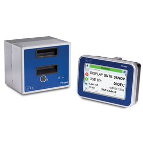 Showing the LINX 1000 thermal transfer over-printer for wide format and the digital touchscreen control panel on the right side . Digital control panel is turned on and it shows production date, expiration date, time, and other lot information to be printed