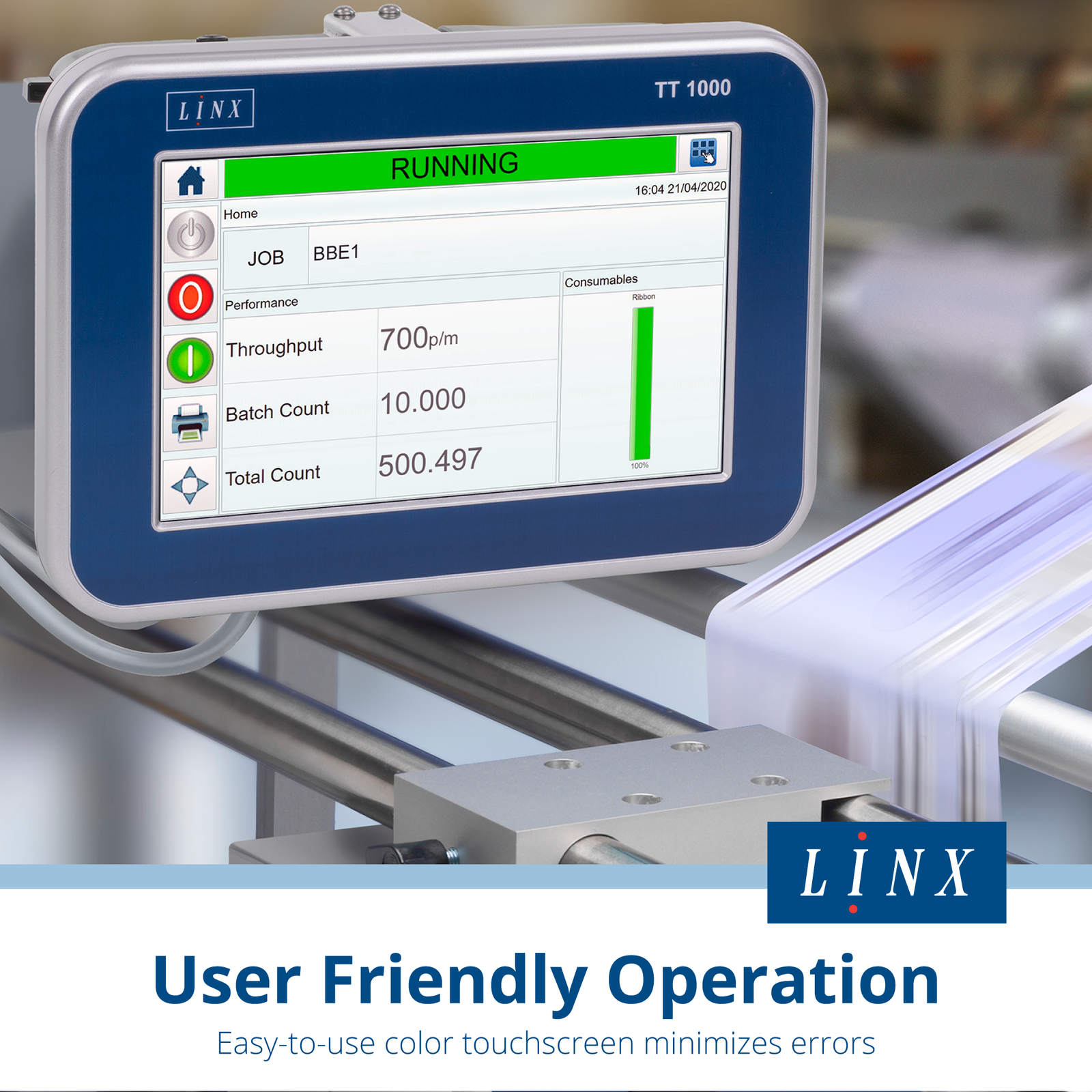 Closeup of the digital touchscreen control panel of the LINX TT1000 thermal transfer over printer for wide format turned on while printing. Text reads: user friendly operation, easy to use color touchscreen minimizes errors
