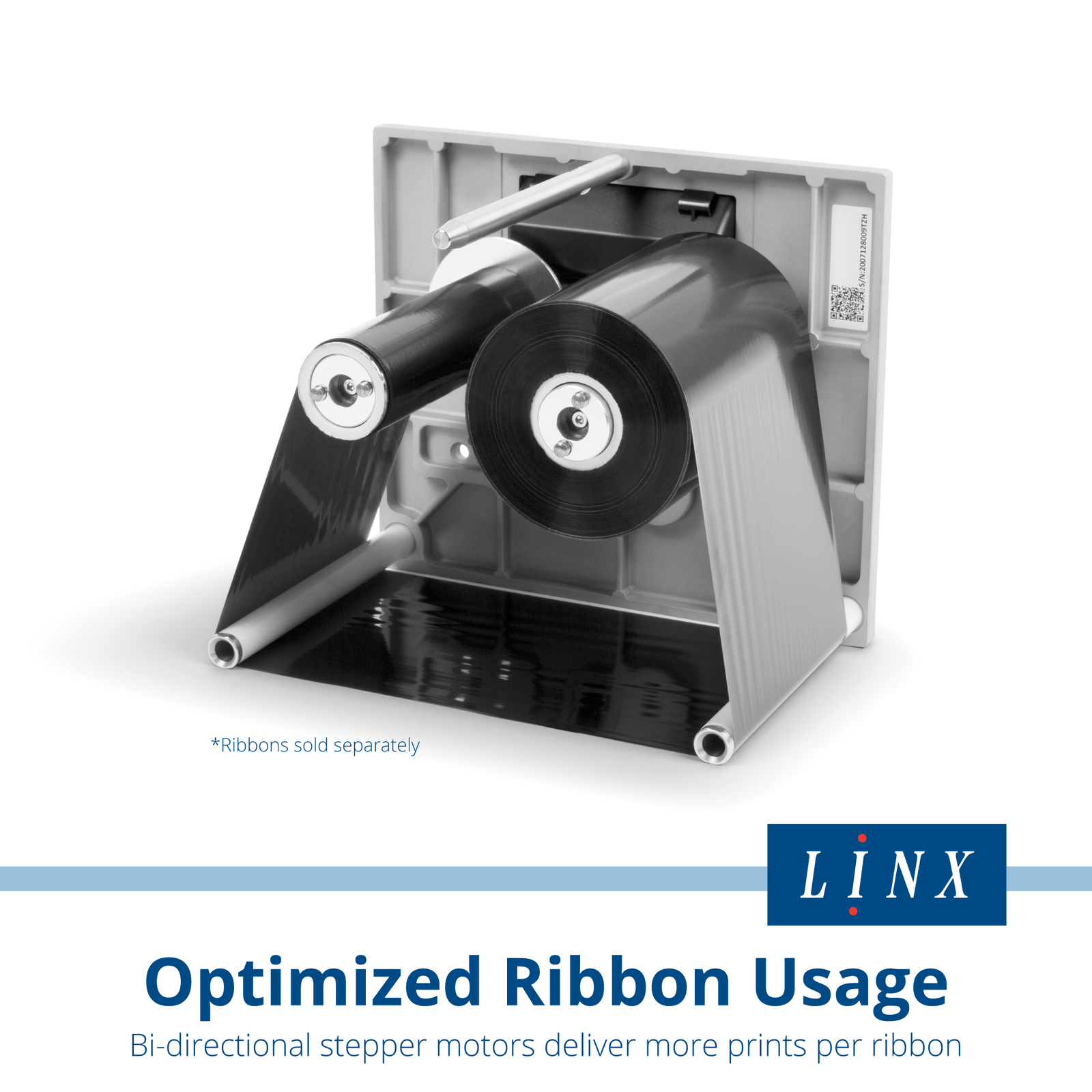 Close up of a black ribbon cartridge used by the LINX TT1000 thermal transfer over printer for wide format. Text reads: Optimized ribbons usage, bi-directional stepper motors deliver more prints per ribbon. Ribbons sold separately