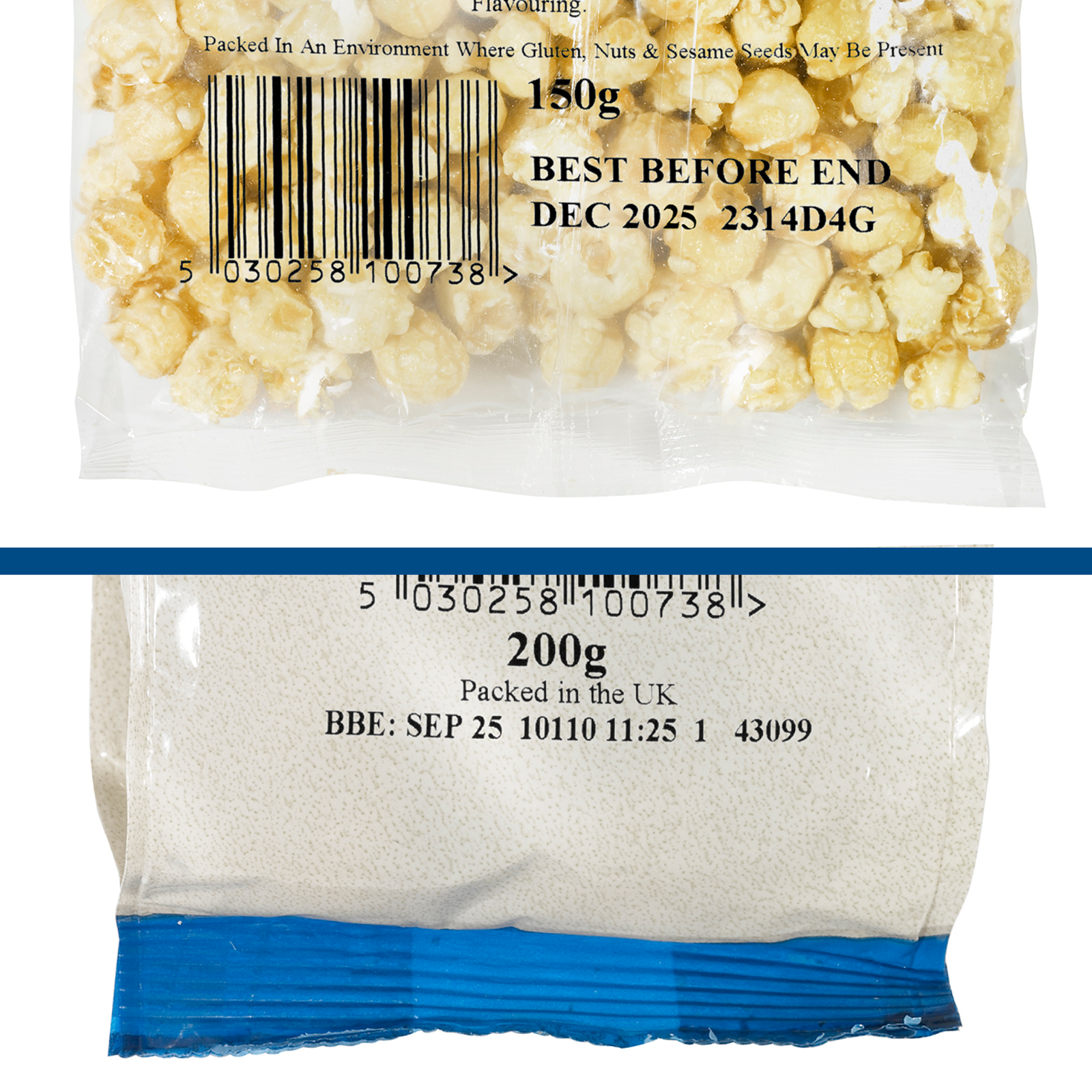 2 bags to show in detail the black prints that include date, lot number, time of production, country of product done using the thermal transfer LINX TT1000 over-printer for wide format