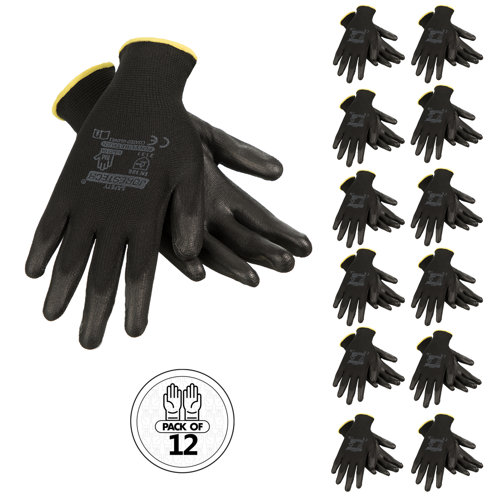 Pack of 12 pairs of thin safety work gloves with polyurethane dipped palm