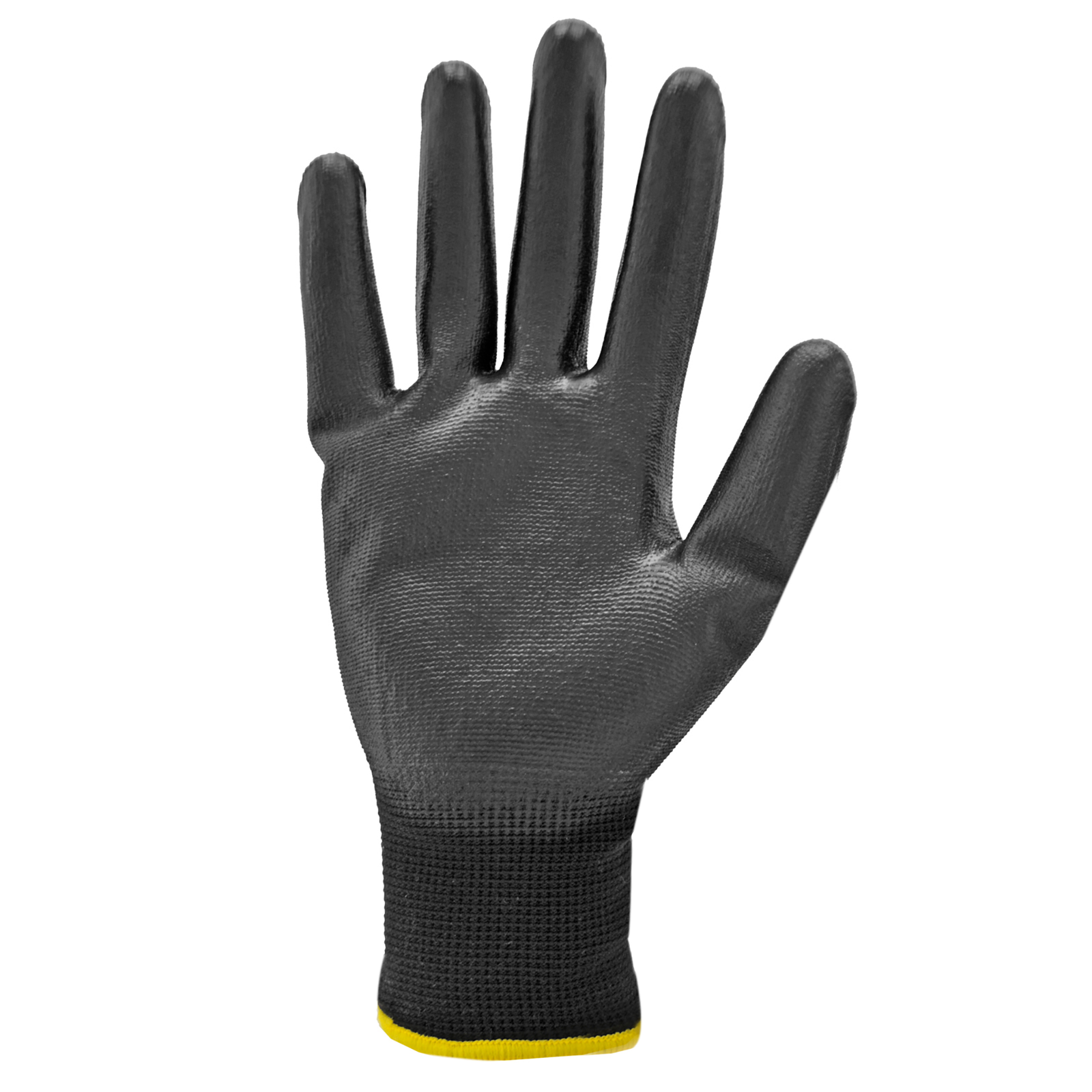 Palm of a black thin safety work glove with polyurethane dipped palms