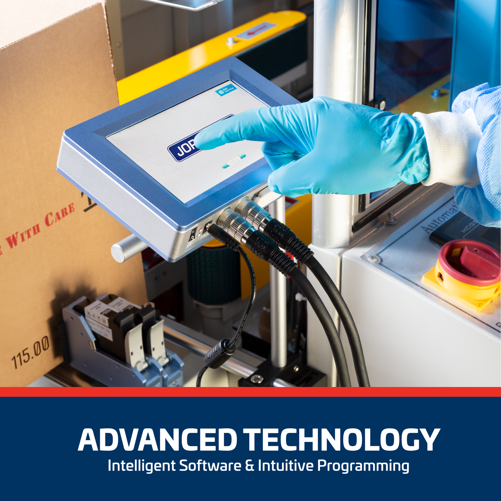 A person wearing disposable gloves touching the digital control panel to set the JORESTECH TIJ dual head inkjet coder while it is in a production line. Both heads of the Coder are placed on the exit of a case erector and is printing large black numbers. Text reads advanced technology intelligent software and intuitive programming