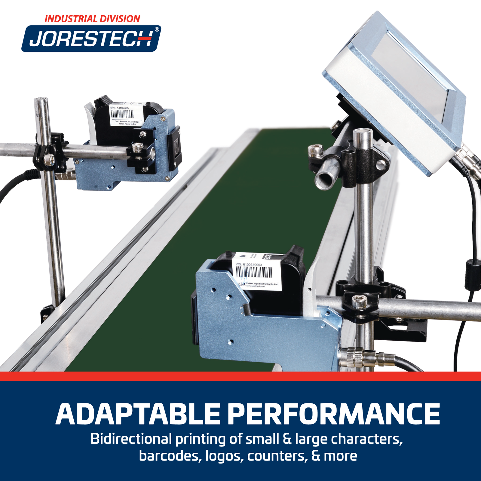 A JORESTECH TIJ two head inkjet coder installed in a conveyor as part of a production line. In this case both printheads are places on opposite sides of the conveyor. Text reads adaptable performance bidirectional printing of small and large characters, barcodes, logos, counters and more.