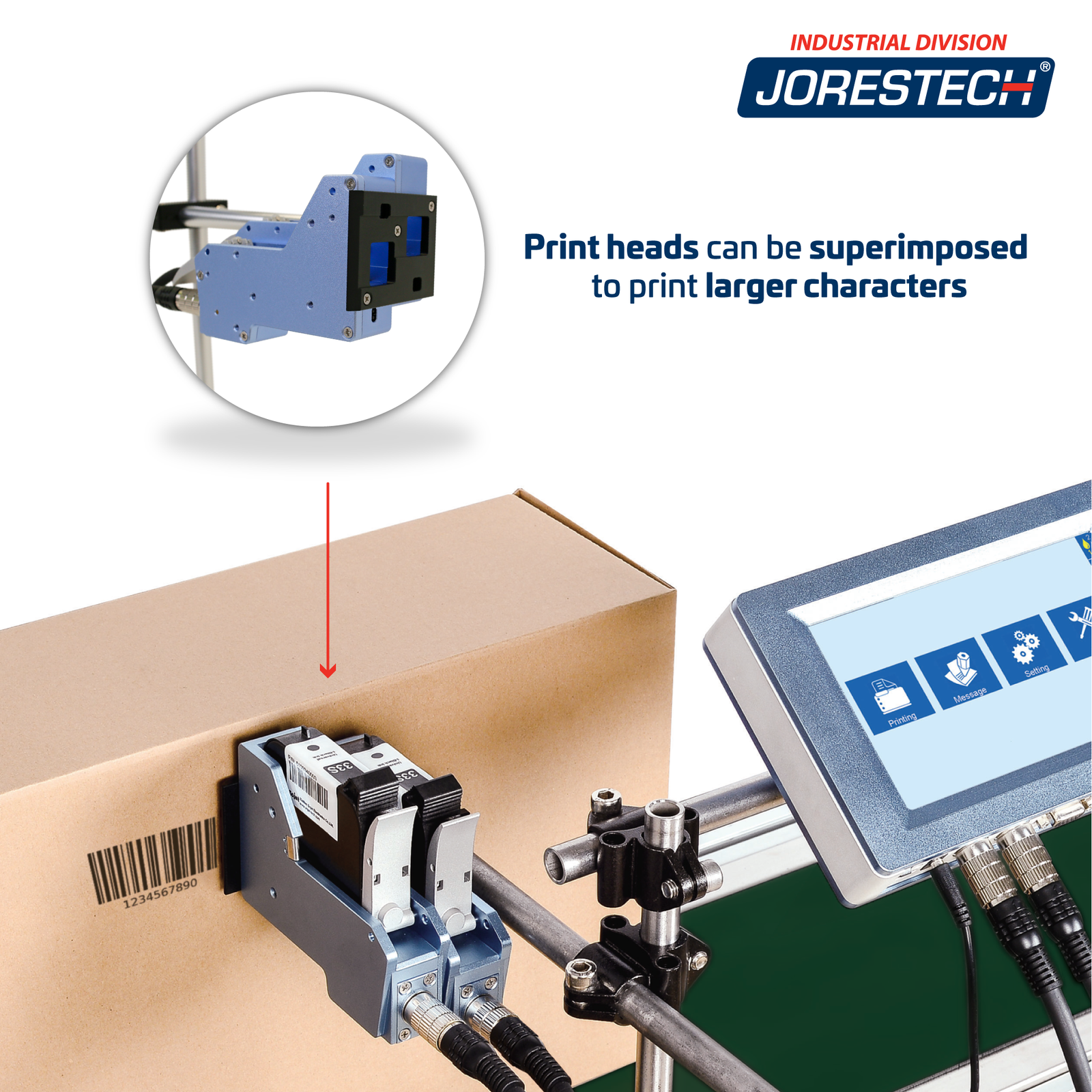 A JORESTECH TIJ dual head inkjet coder installed in a motorized conveyor as part of a production line. The print heads are superimposed printing a large barcode with numbers on a car box. Text reads print heads ca be superimposed to print larger characters