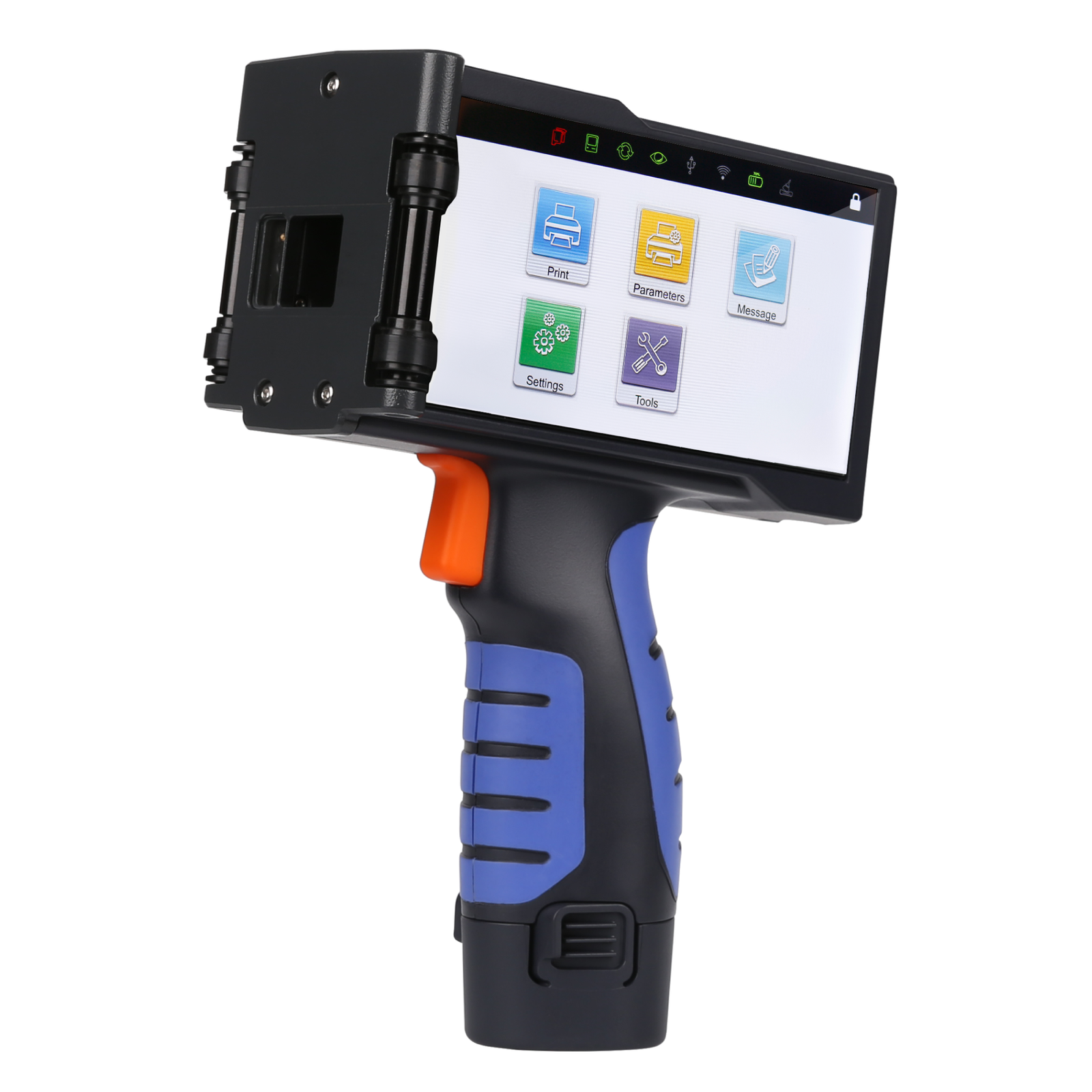 Showing the  JORESTECH TIJ handheld inkjet coder with digital control panel turned on over white background