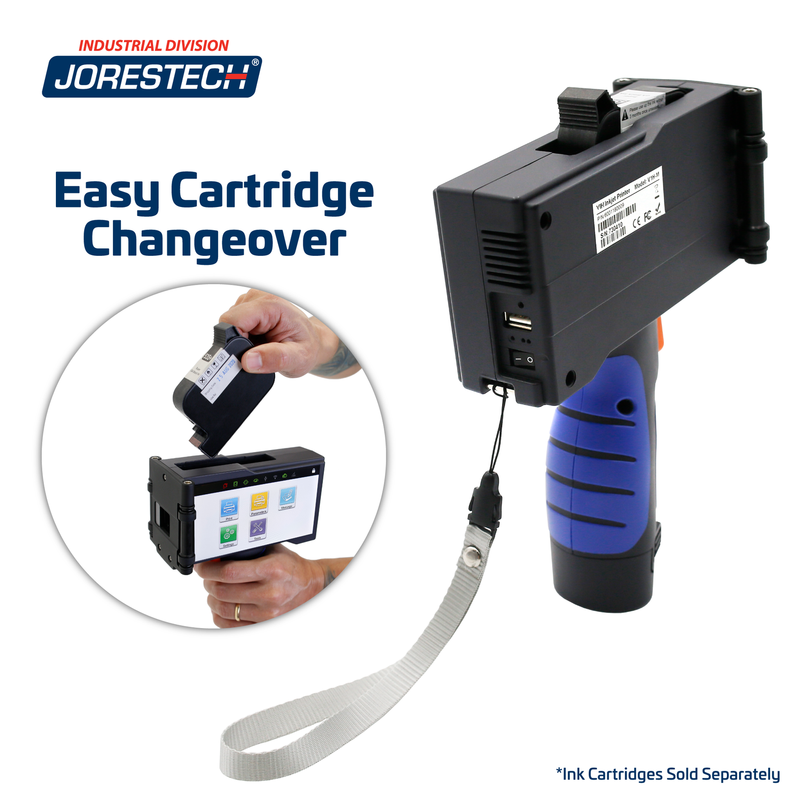 The JORES TECHNOLOGIES® TIJ handheld inkjet coder with a whist strap and an inkjet cartridge inserted on top of the coder. Zoomed in shows how to install the Ink Cartridge into the coder. Text reads: Ink cartridge sold separately and Easy Cartridge Changeover