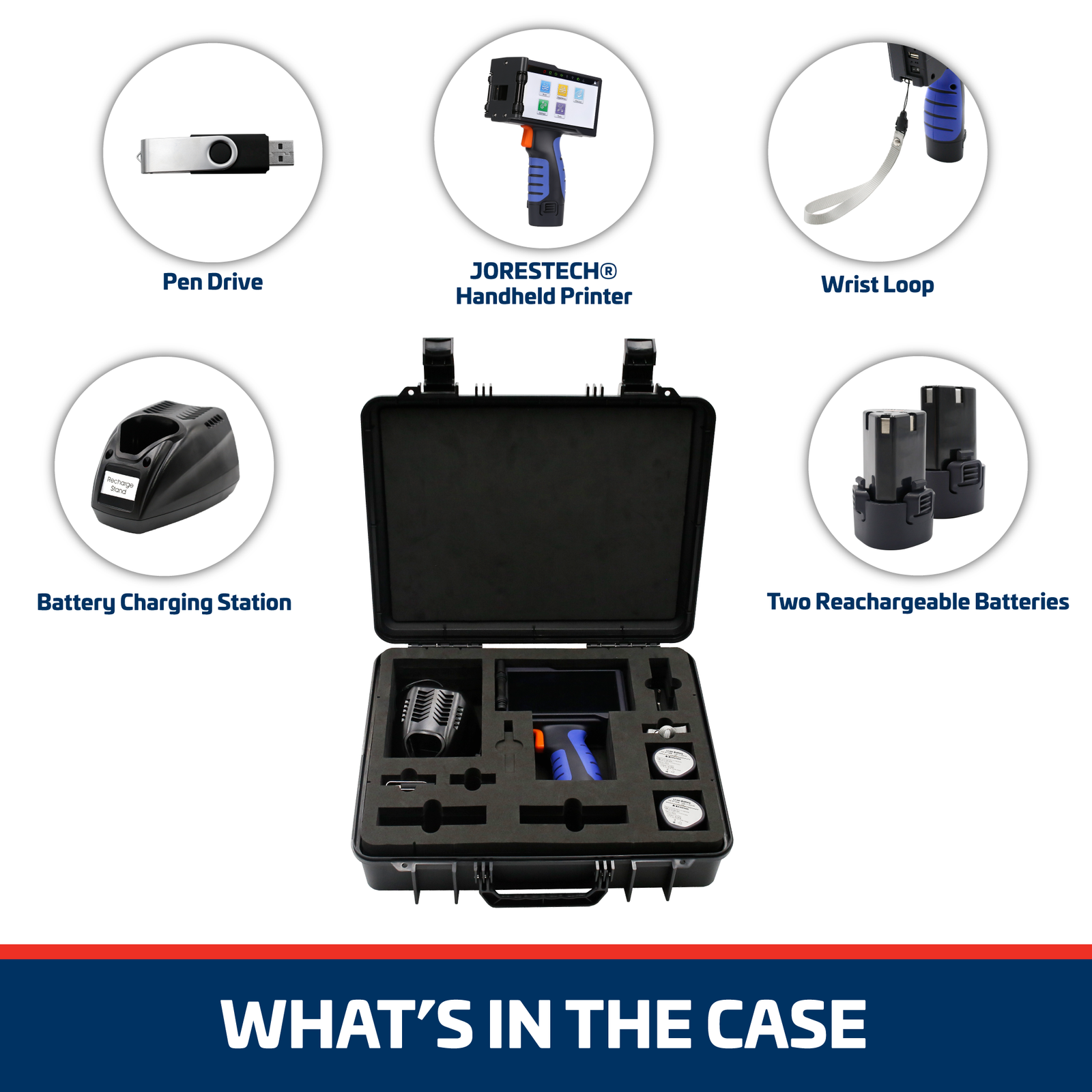 Shows what is inside the black carryon hard case. Zoomed ins show the battery charging station, a pen drive, the JORESTECH TIJ handheld inkjet coder, a wrist loop, and 2 rechargeable batteries