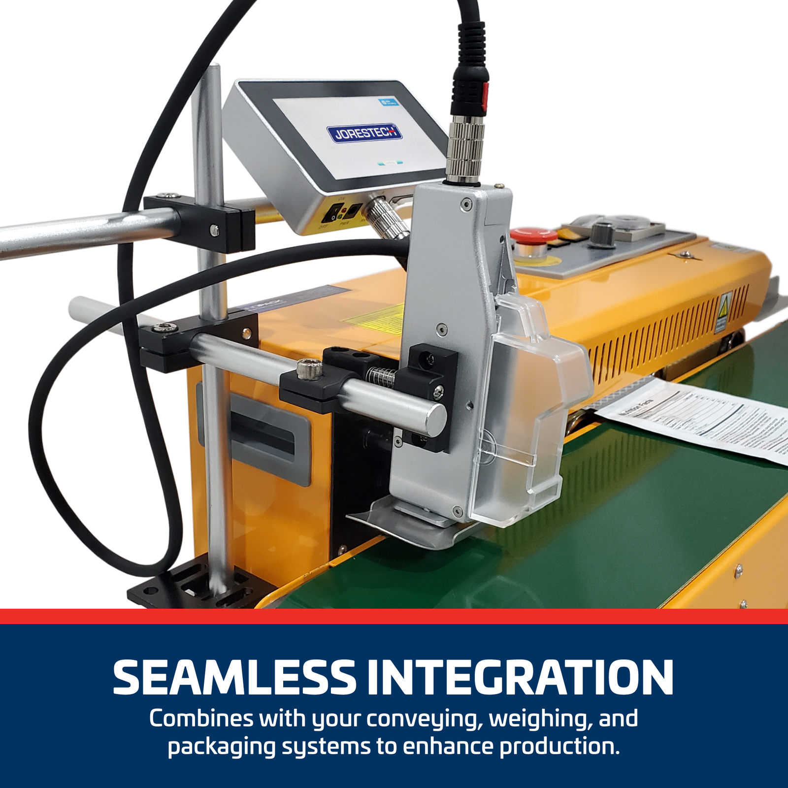 Showing the JORESTECH TIJ Inkjet Coder installed on a yellow Continuous Band Sealer. Text bellow reads: Seamless Integration, Combines with your conveying, weighing, and packaging systems to enhance production. Print head of the coder is facing down