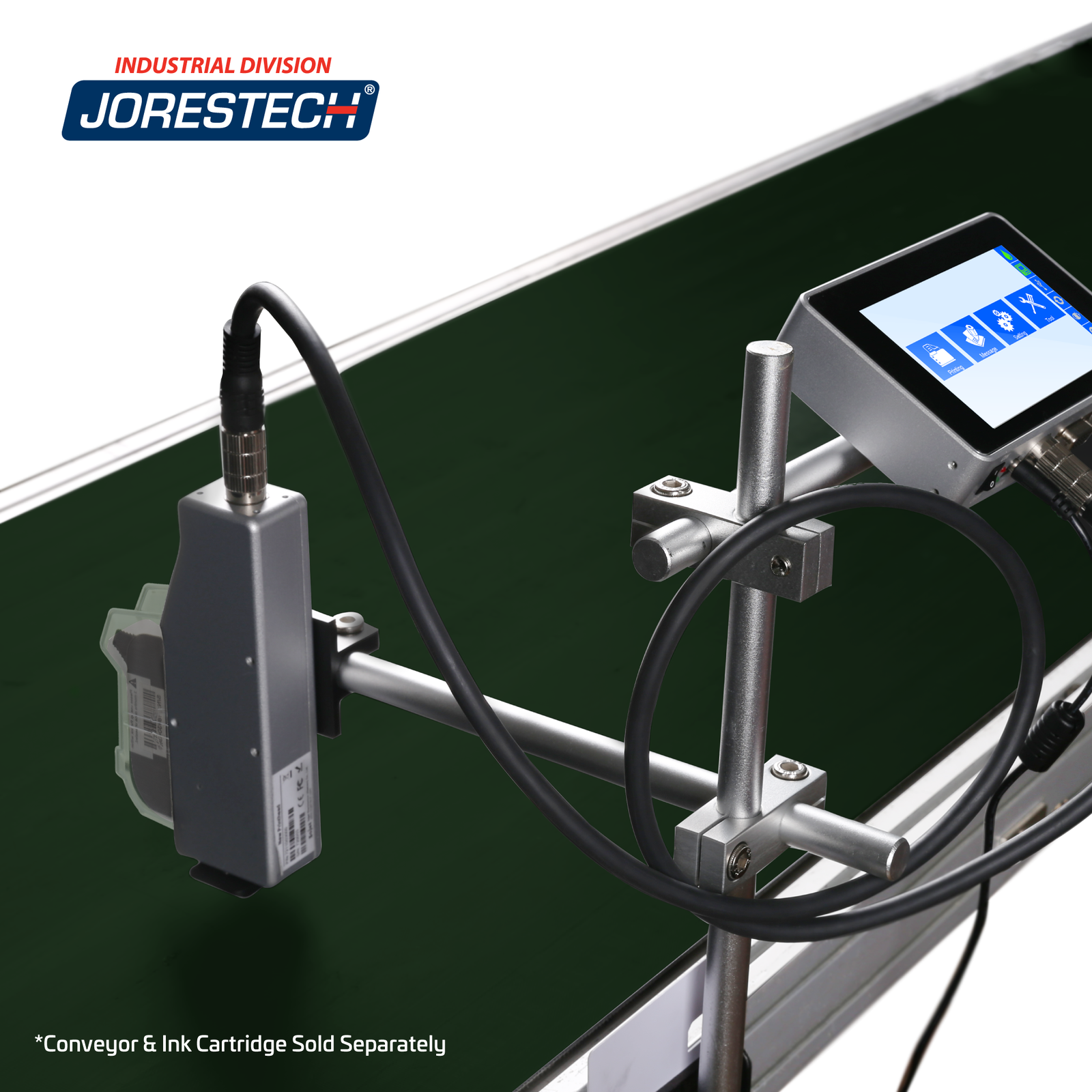 Showing the JORESTECH TIJ Inkjet Coder with stand attached to a motorized conveyor. Small text reads: Conveyor and ink cartridge sold separately. Digital touchscreen on the coder is turned on.