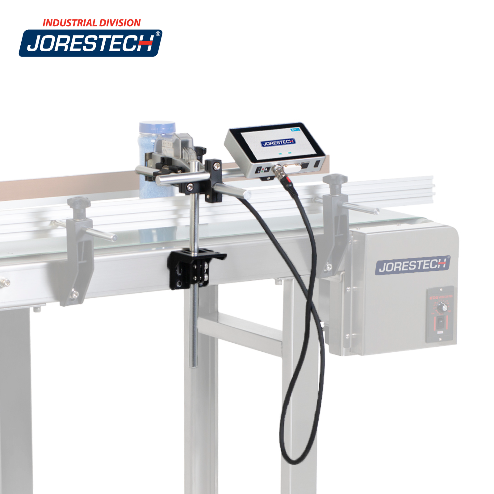 The JORESTECH TIJ inkjet coder installed on a motorized conveyor. There is a plastic container passing in front of the printing head and an inkjet cartridge installed in the machine. The digital touchscreen control panel of the coder is turned on