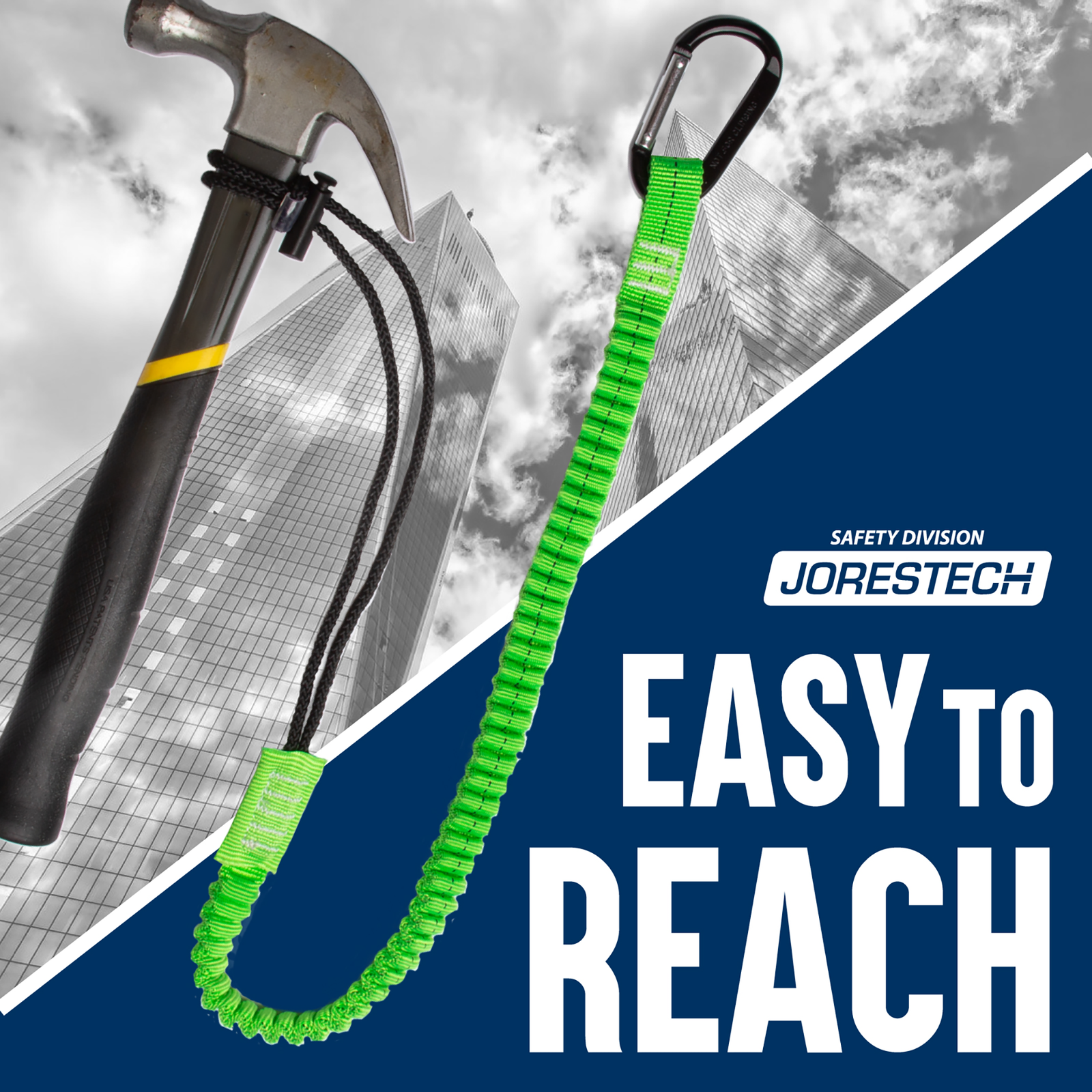 Tool tether lanyard with a hammer attached by the choke cable loop and text that reads: Easy to reach.