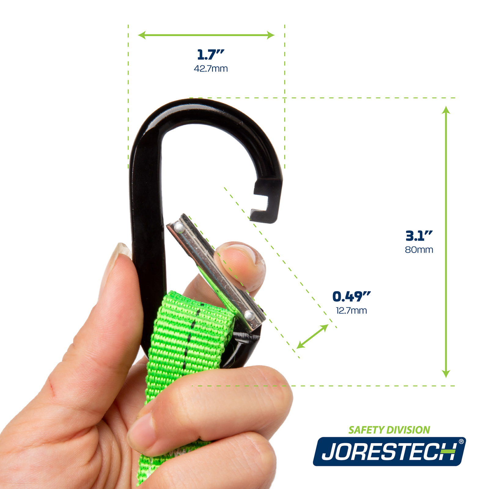 The carabiner with the self lock mechanism pulled open by a hand. Image shows measurements of the black carabiner: 1.7