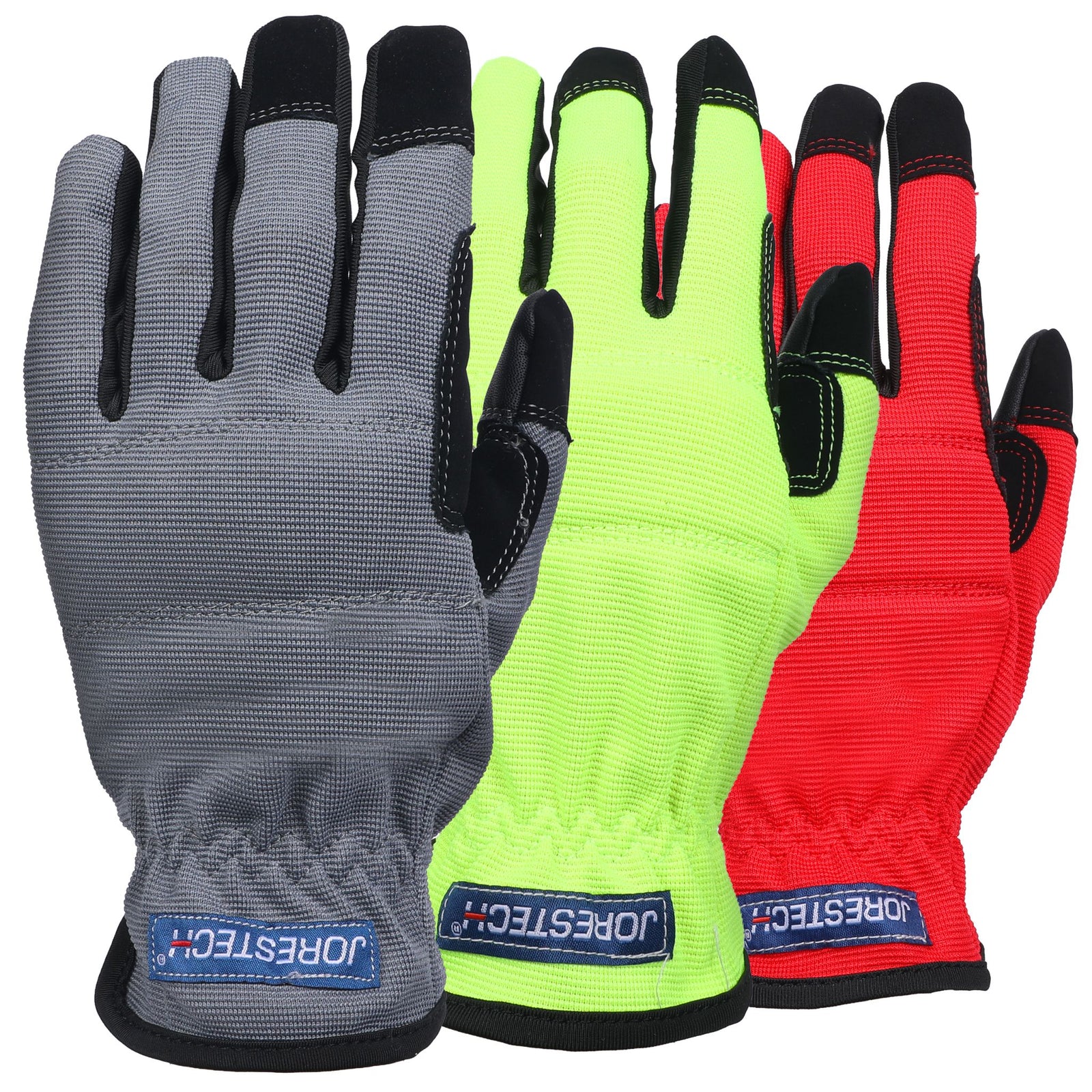 3 touchscreen safety work gloves of different colors that are included in the kit of 3 pairs. Colors are red, yellow/lime, and gray