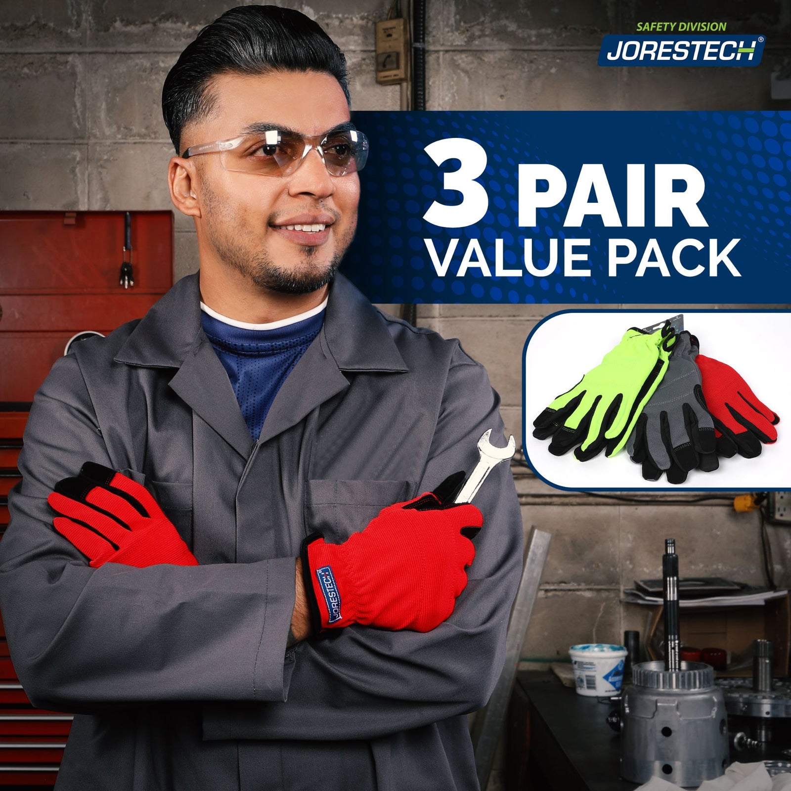 Worker using red the touchscreen safety gloves for mechanics. 3 pairs value pack