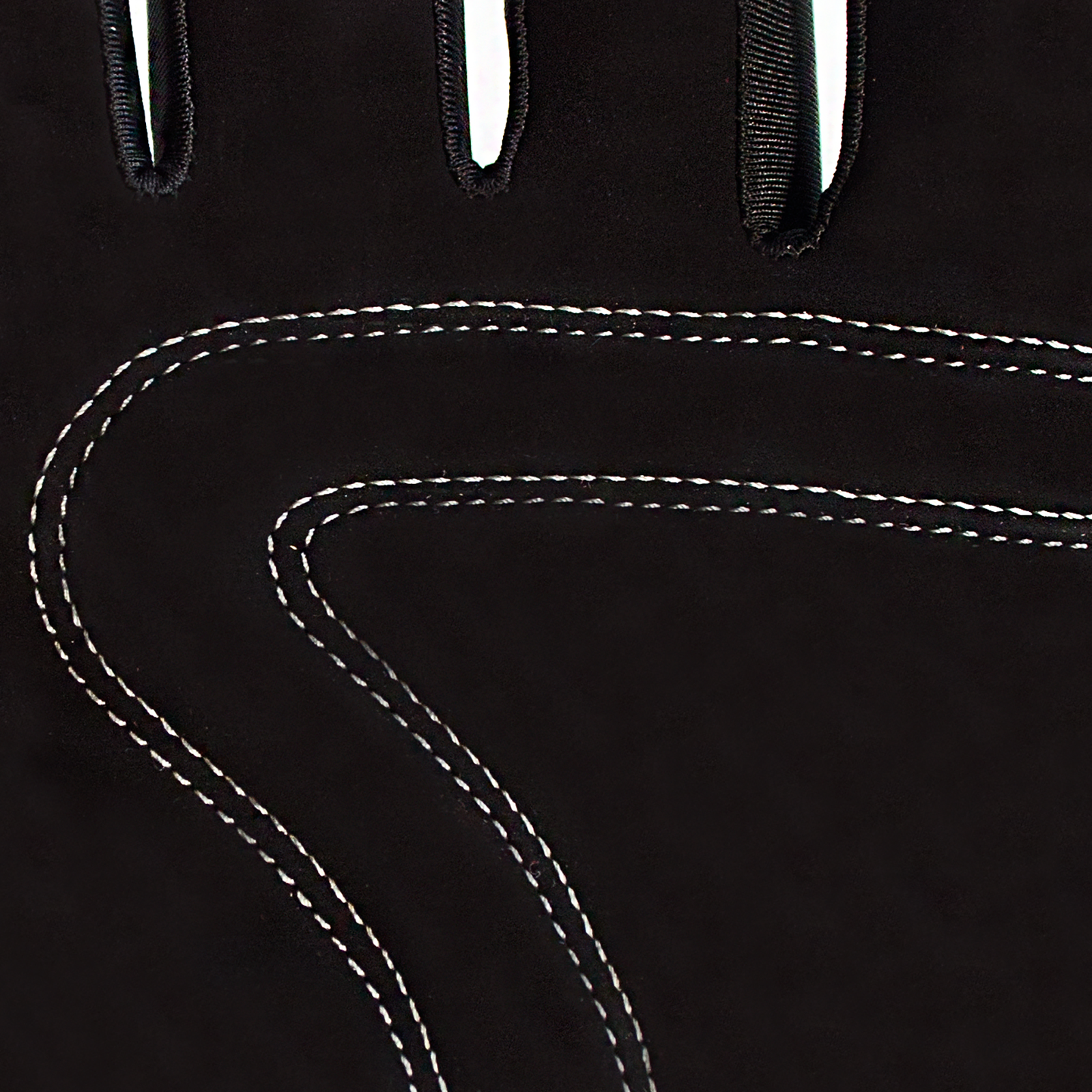 Close up of the black palm of the safety gloves with reinforced stitching