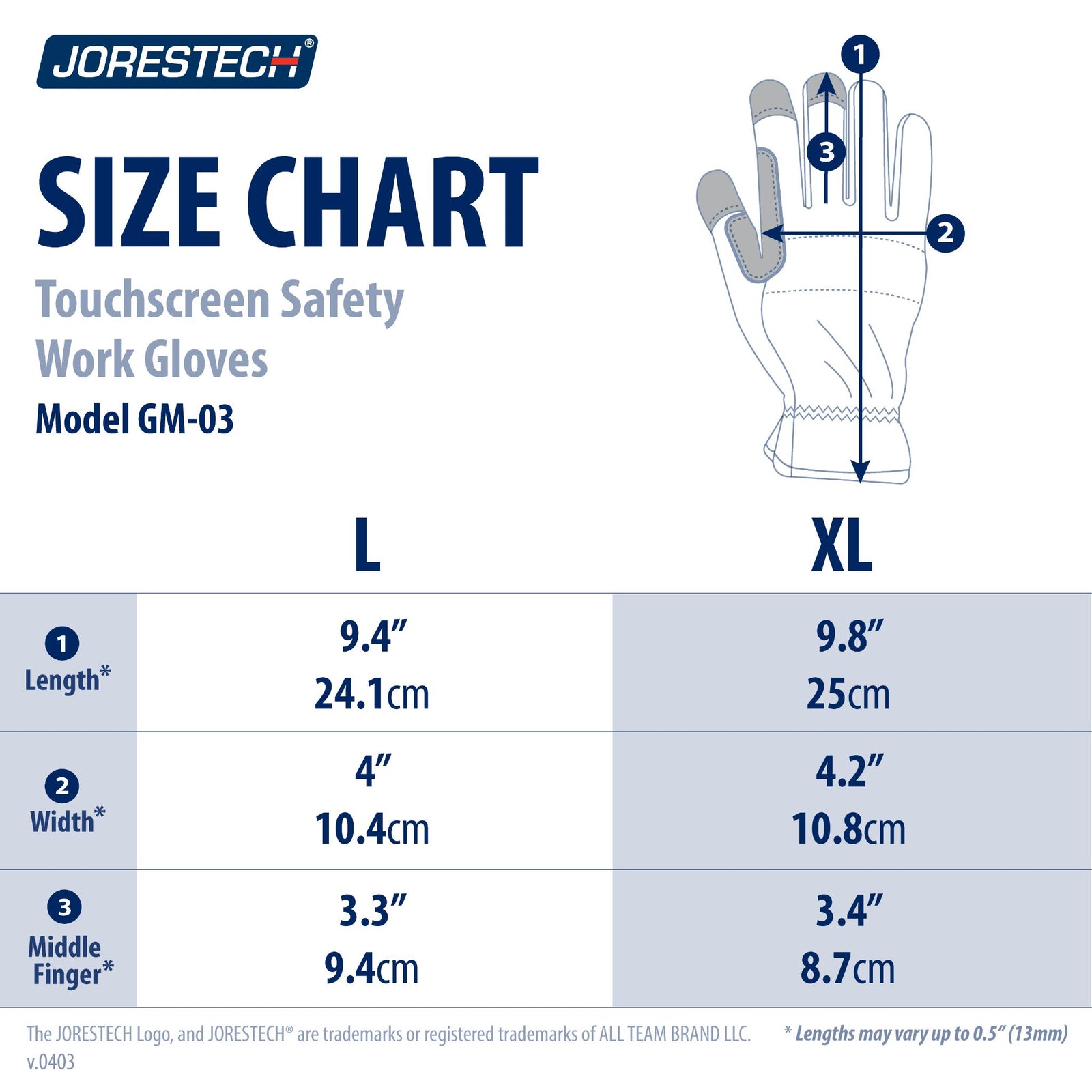 Size chart of the multipurpose touchscreen mechanical safety gloved pack of 3