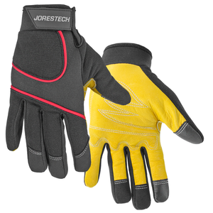 1 pair of black touchscreen JORESTECH safety work gloves with leather yellow palms and reinforced finger tips