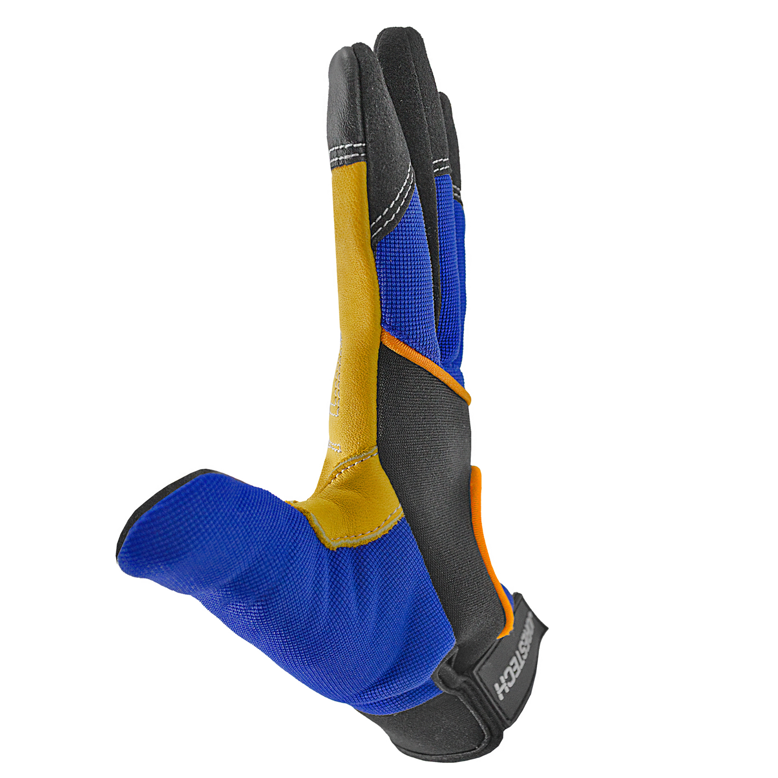 Side of 1 blue touchscreen JORESTECH safety work glove with leather palms