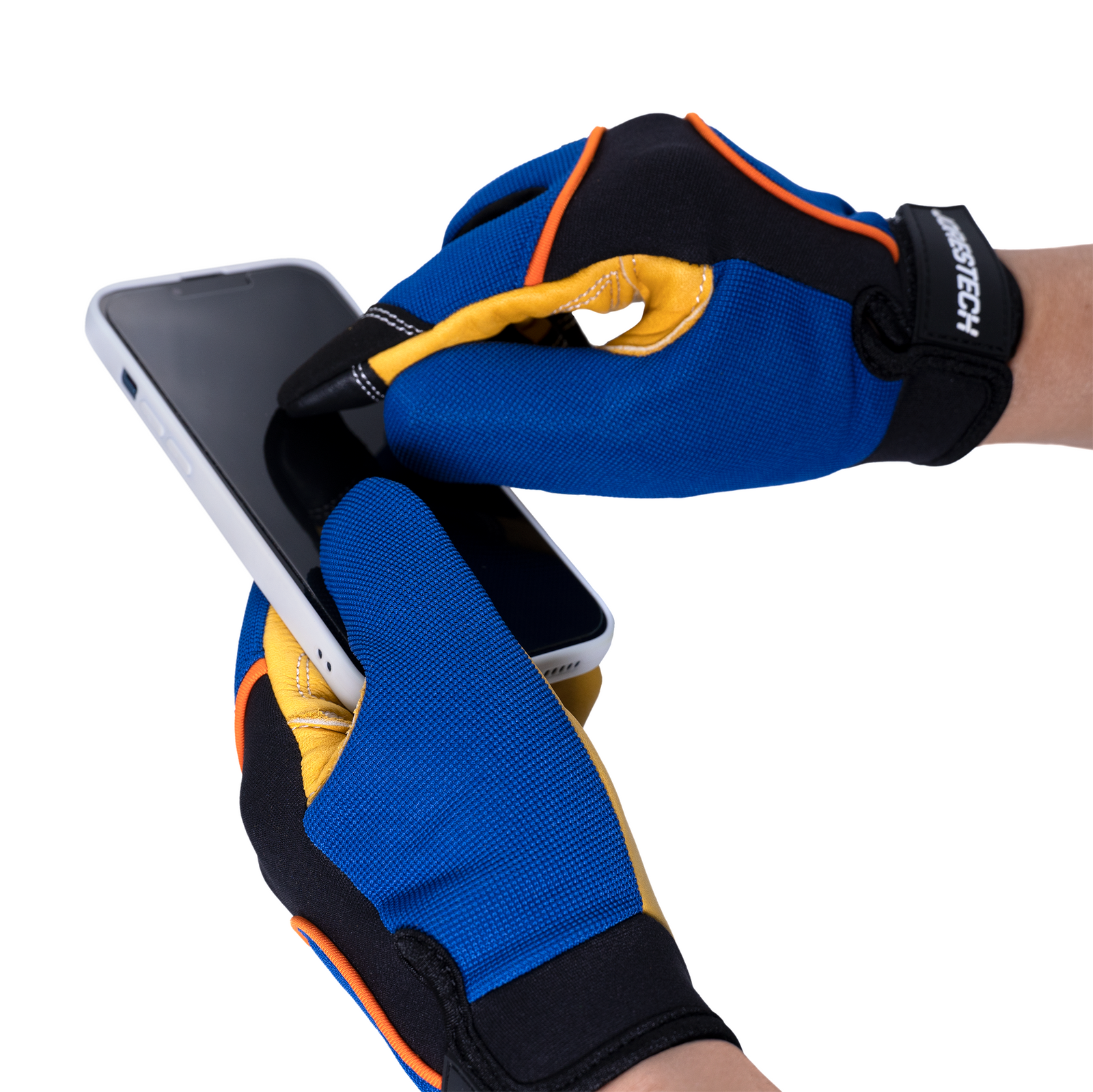 Close up showing 2 hands with the touchscreen safety gloves using the screen of a mobile phone
