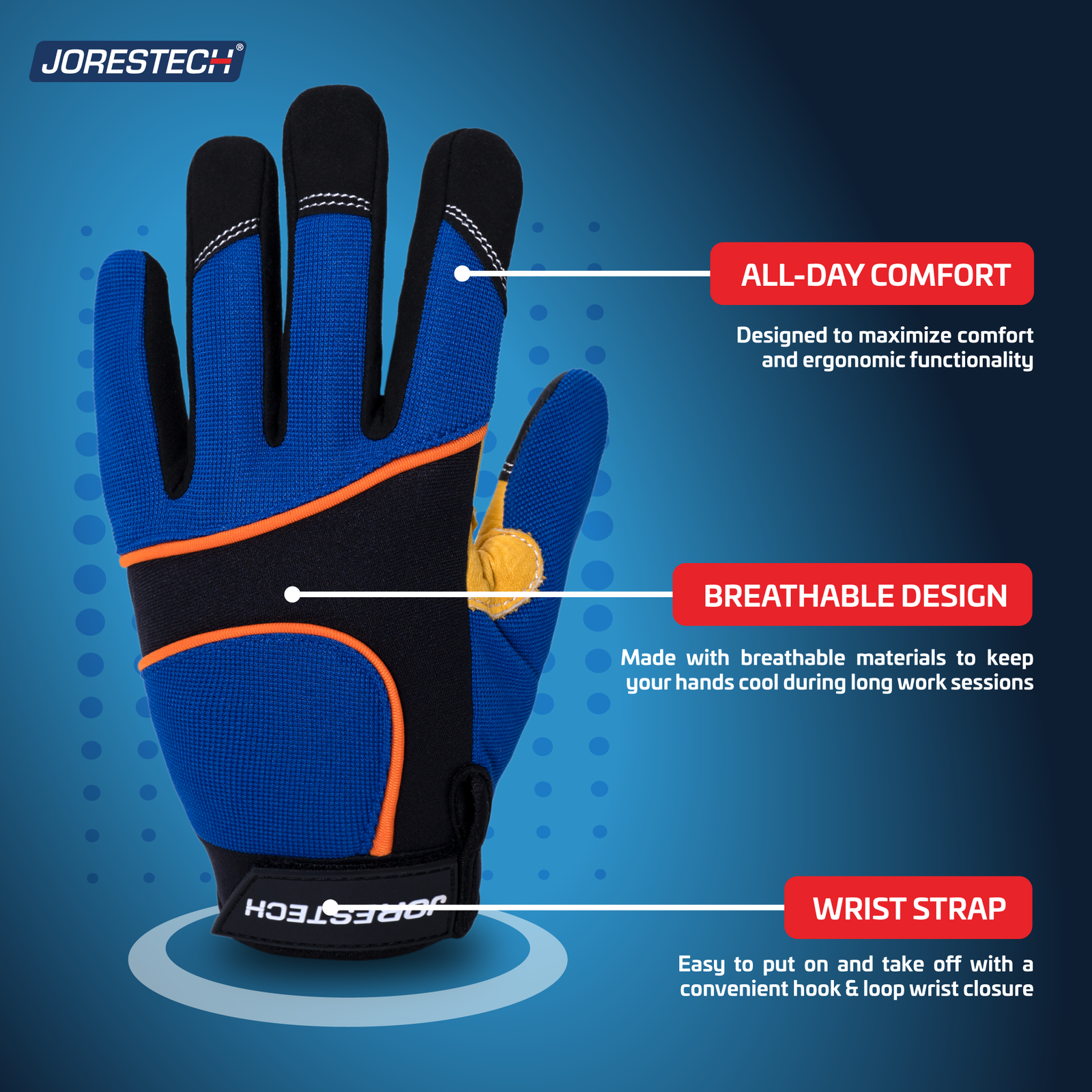 Safety work glove with ergonomic design, breathable materials and hook and loop closure for size versatility