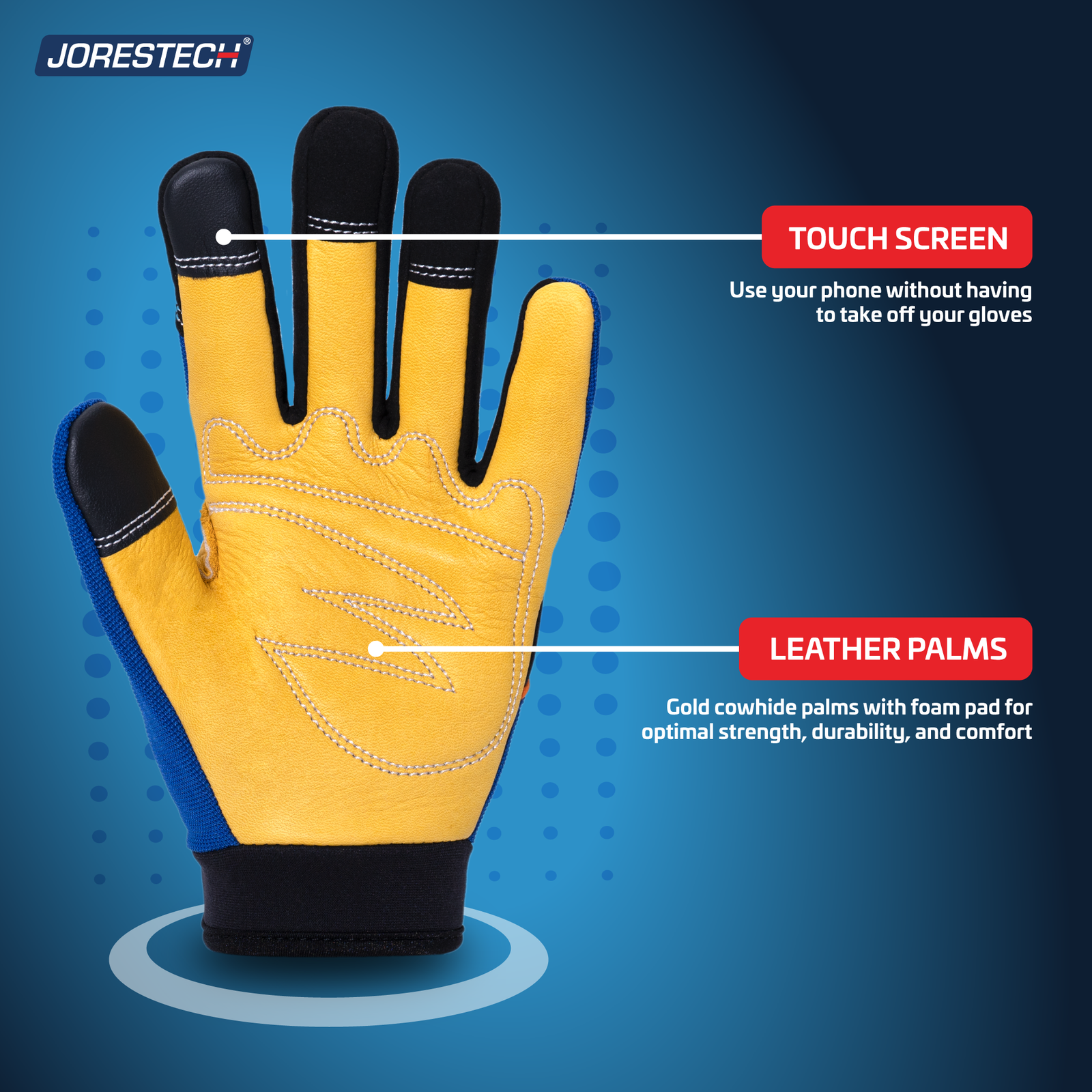 Touchscreen safety work glove with gold cowhide palm and foam padding for protection, durability and strength