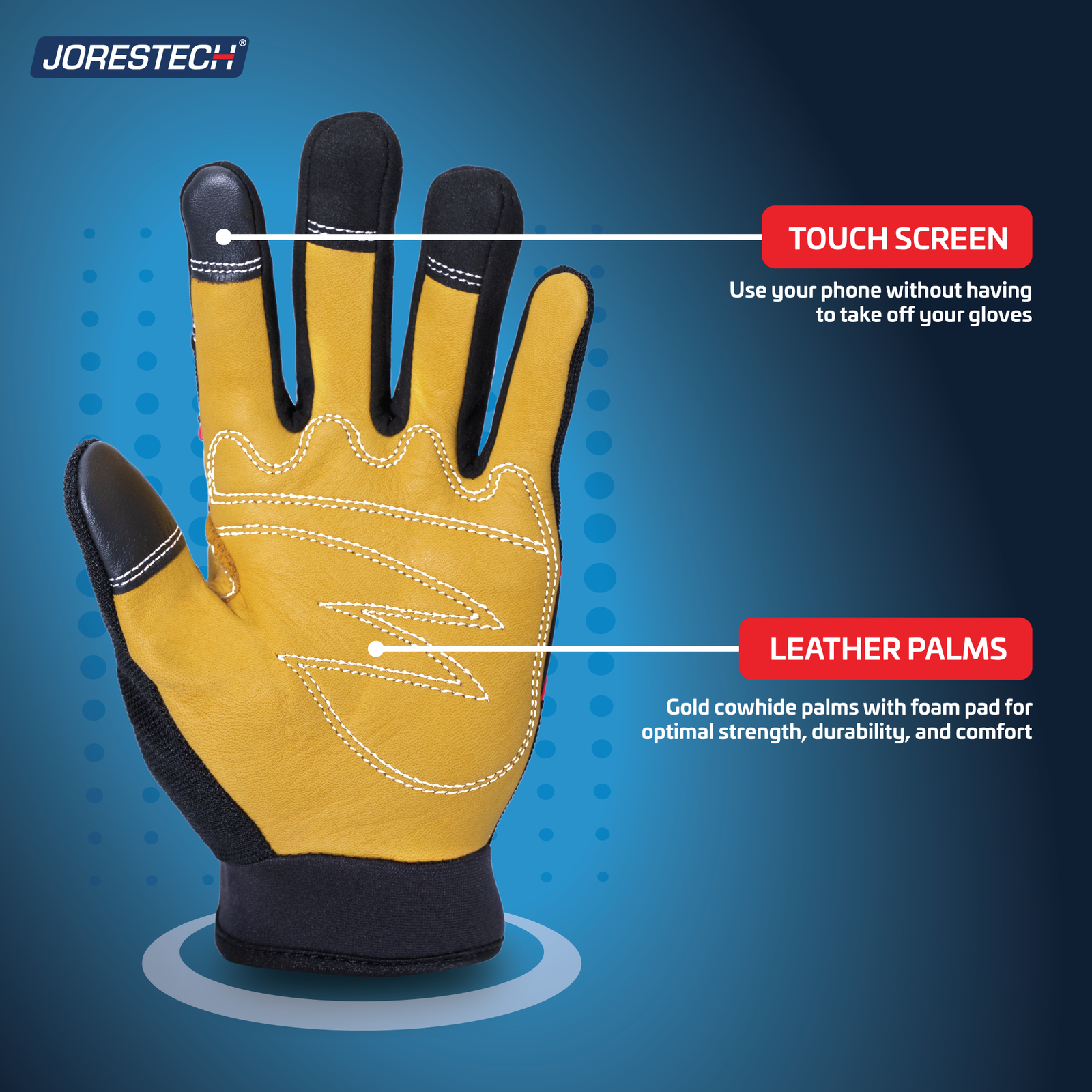 Touchscreen safety work glove with gold cowhide palm and foam padding for protection, durability and strength