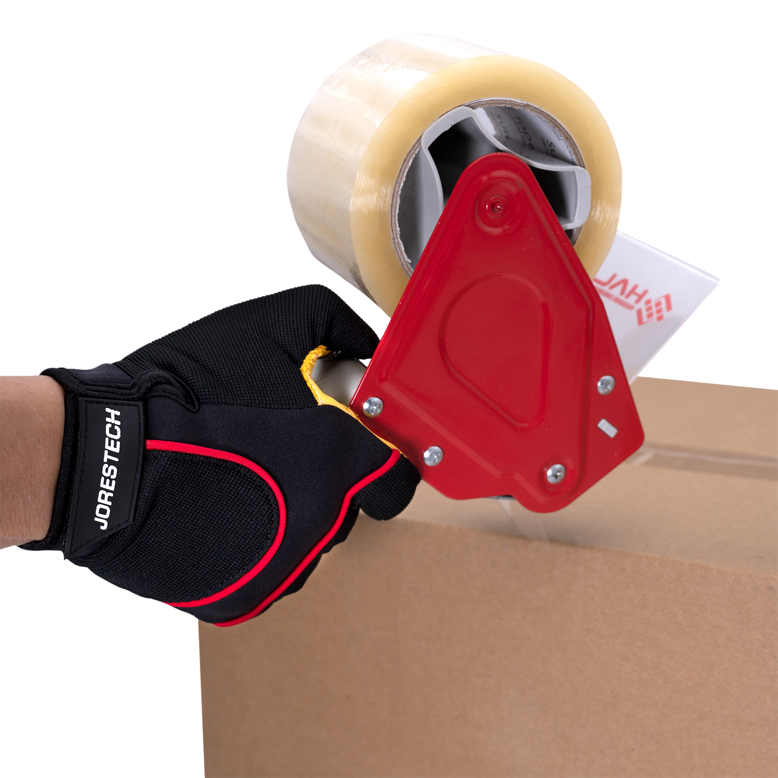 Closeup showing the hand of a person wearing a touchscreen safety work glove with leather palm