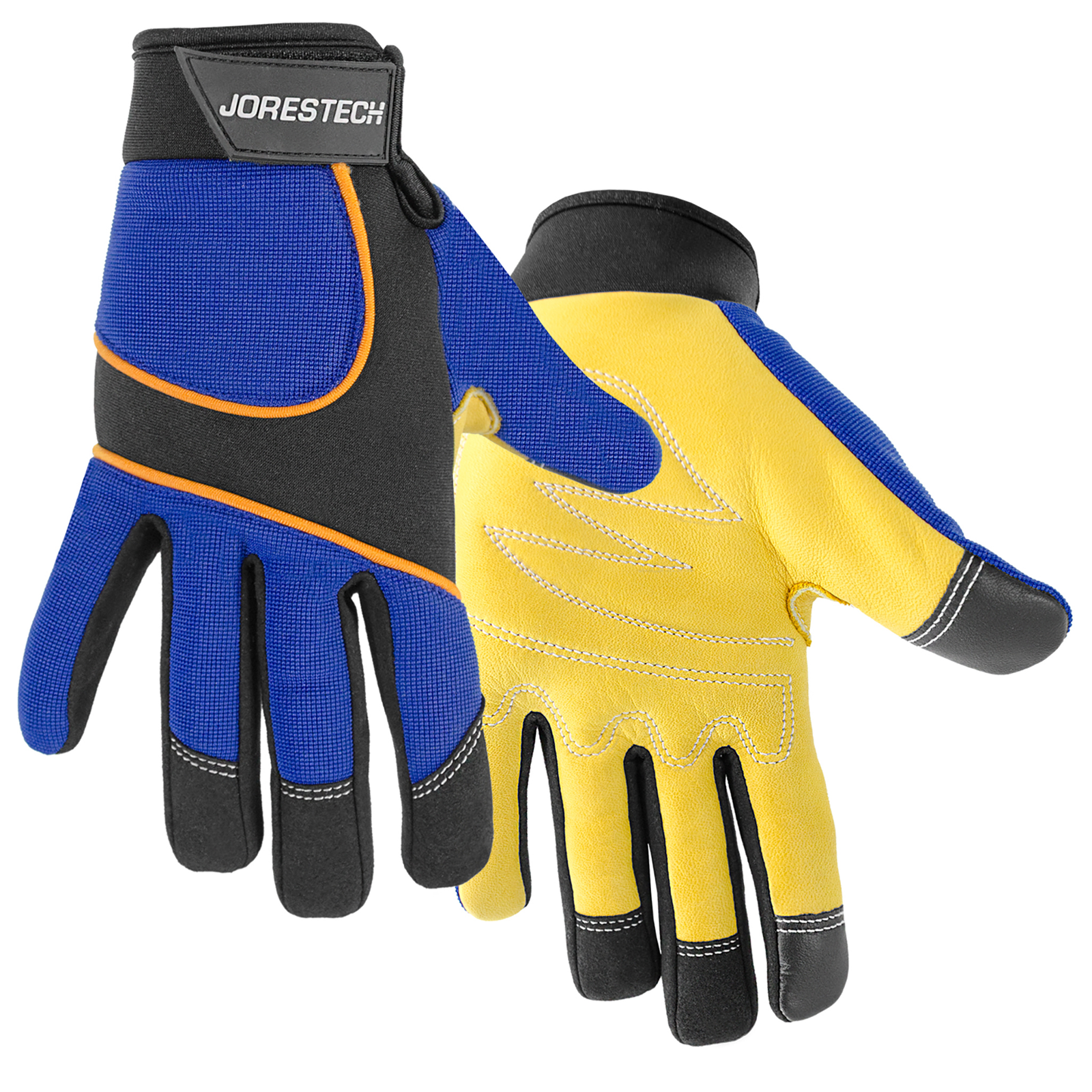 1 set of blue touchscreen JORESTECH safety work gloves with leather yellow palms 
