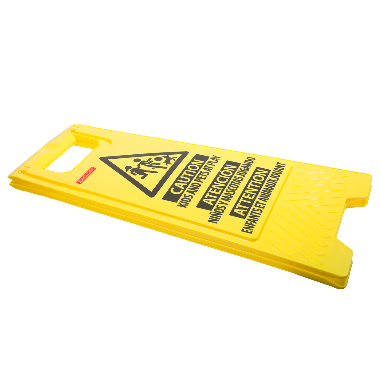 Two sided folding kids at play caution stand that has been folded for storage