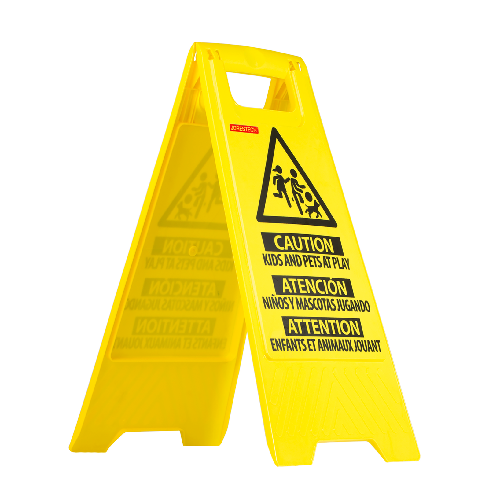 Side view of the jorestech two sided folding kids at play caution stand