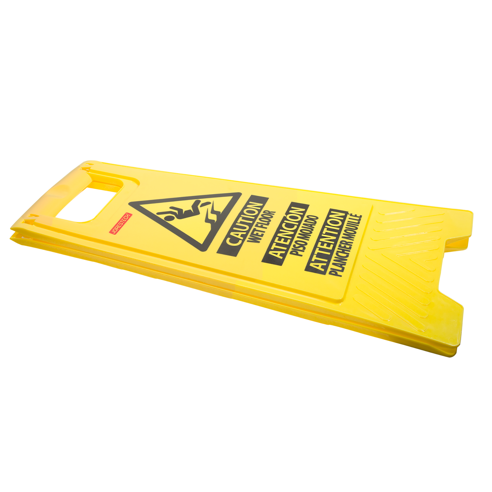 The jorestech two sided folding wet floor caution stand folded for transportation and storage