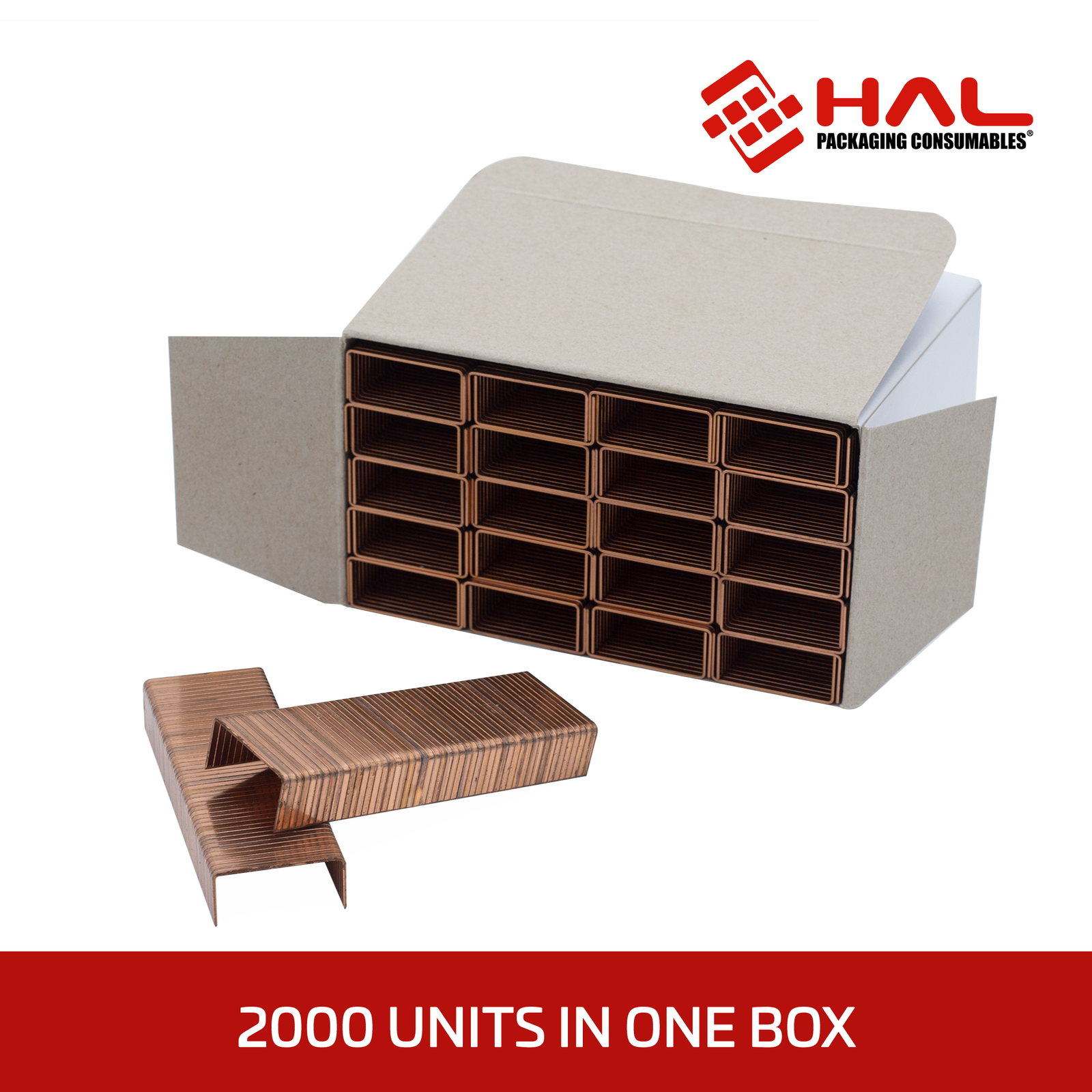 white box filled with copper colored with red hal logo. image shows title in red 2000 units in one box