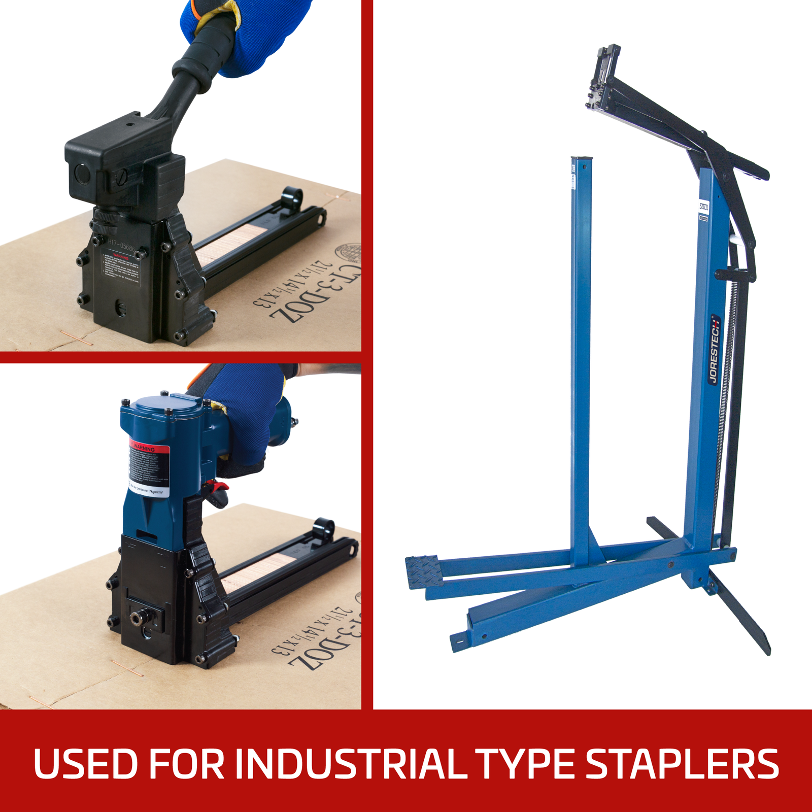 Features different types of staplers compatible with this industrial type of staples. Red title reads: 