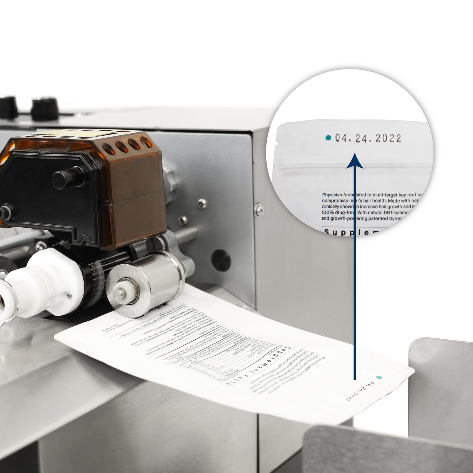 Showing the JORES TECHNOLOGIES® coder under production. A white plastic bag is exiting the coder and it has the date printed in black hot ink