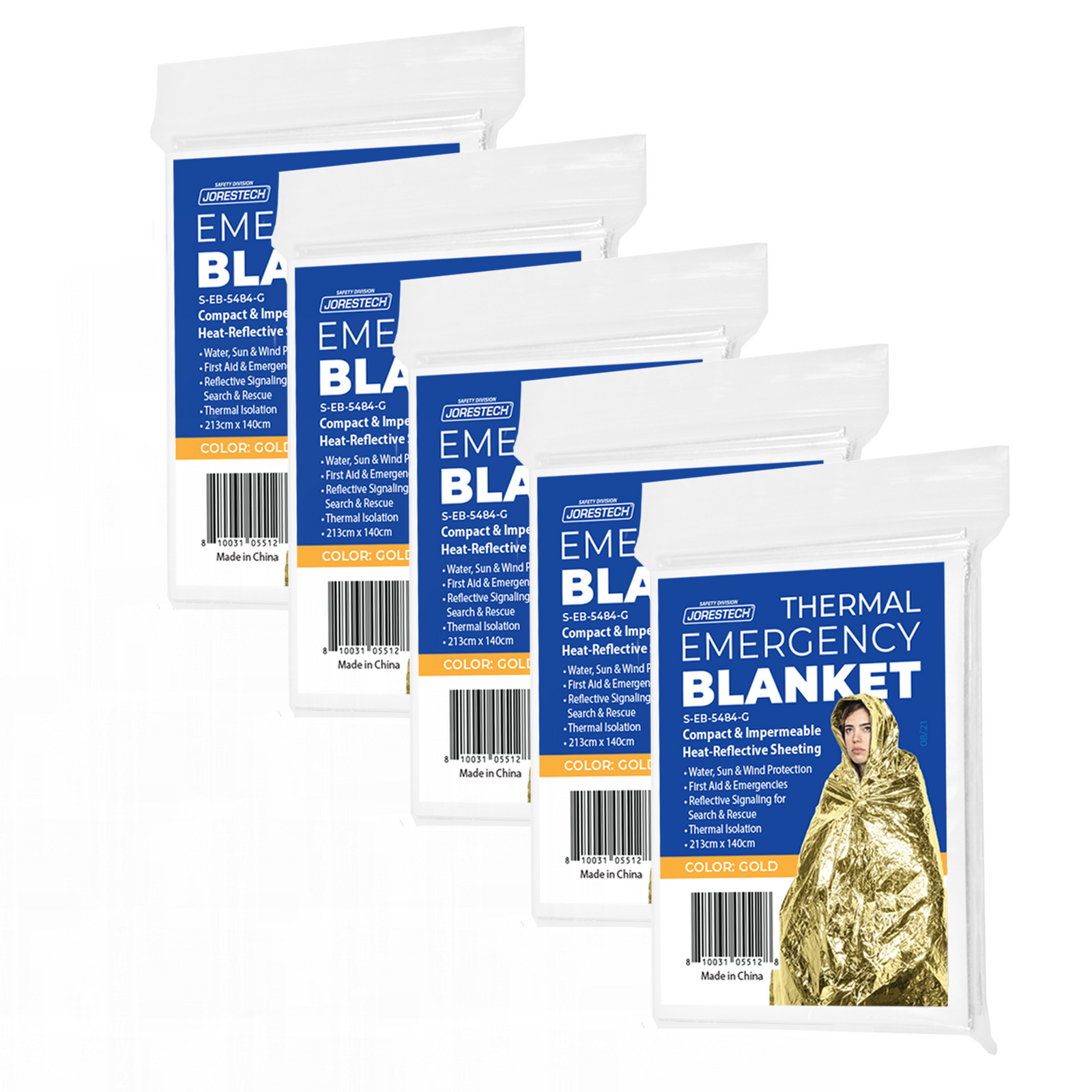 Pack of 5 individually packed JORESTECH thermafoil weatherproof emergency blankets