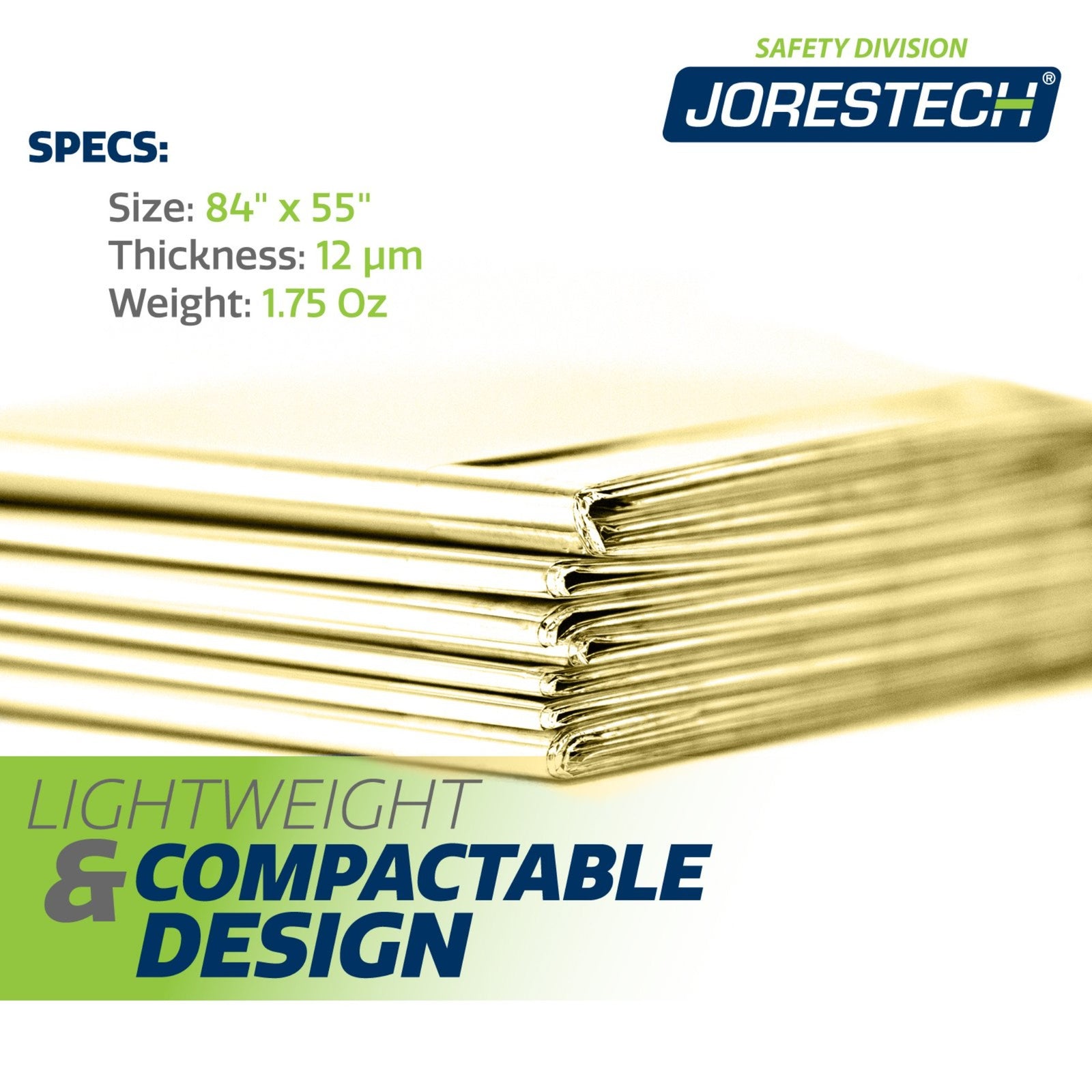 Close up of the JORESTCH gold color emergency blanket with measurements 84