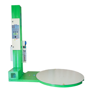 Side view of a green pallet stretch wrapping machine with a beige rotating turntable over a white background